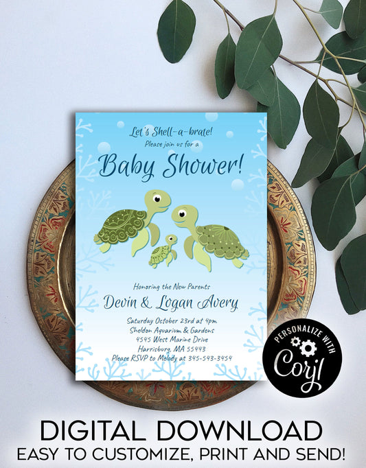 Sea Turtle Baby Shower Invitation Editable Digital Ocean Animals Download