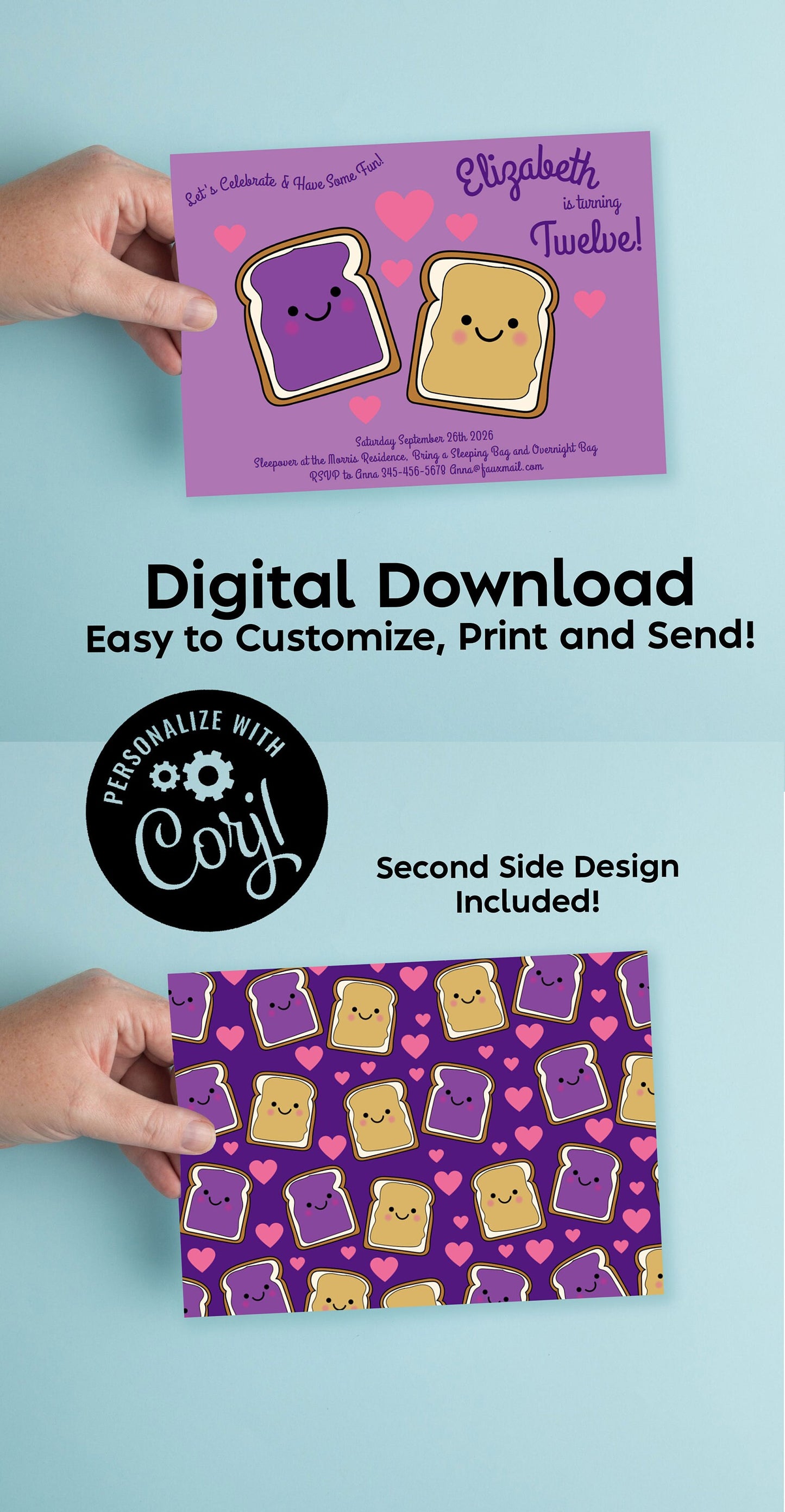 Peanut Butter and Jelly Invitation Editable Digital Download Birthday Party PBJ Kawaii Cartoon Kids
