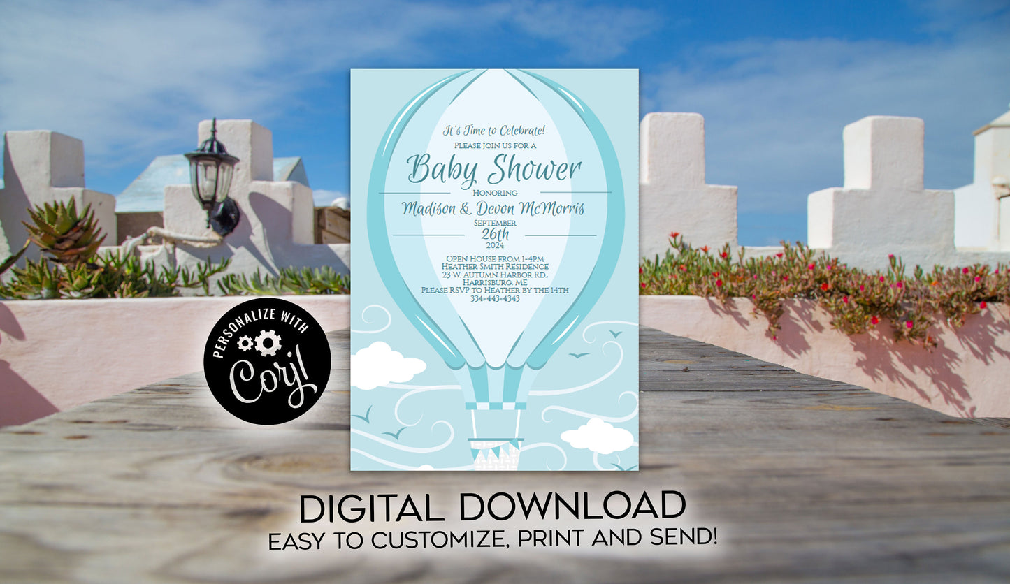 Blue Hot Air Balloon Baby Shower Invitation Editable Digital Elegant Boy Download