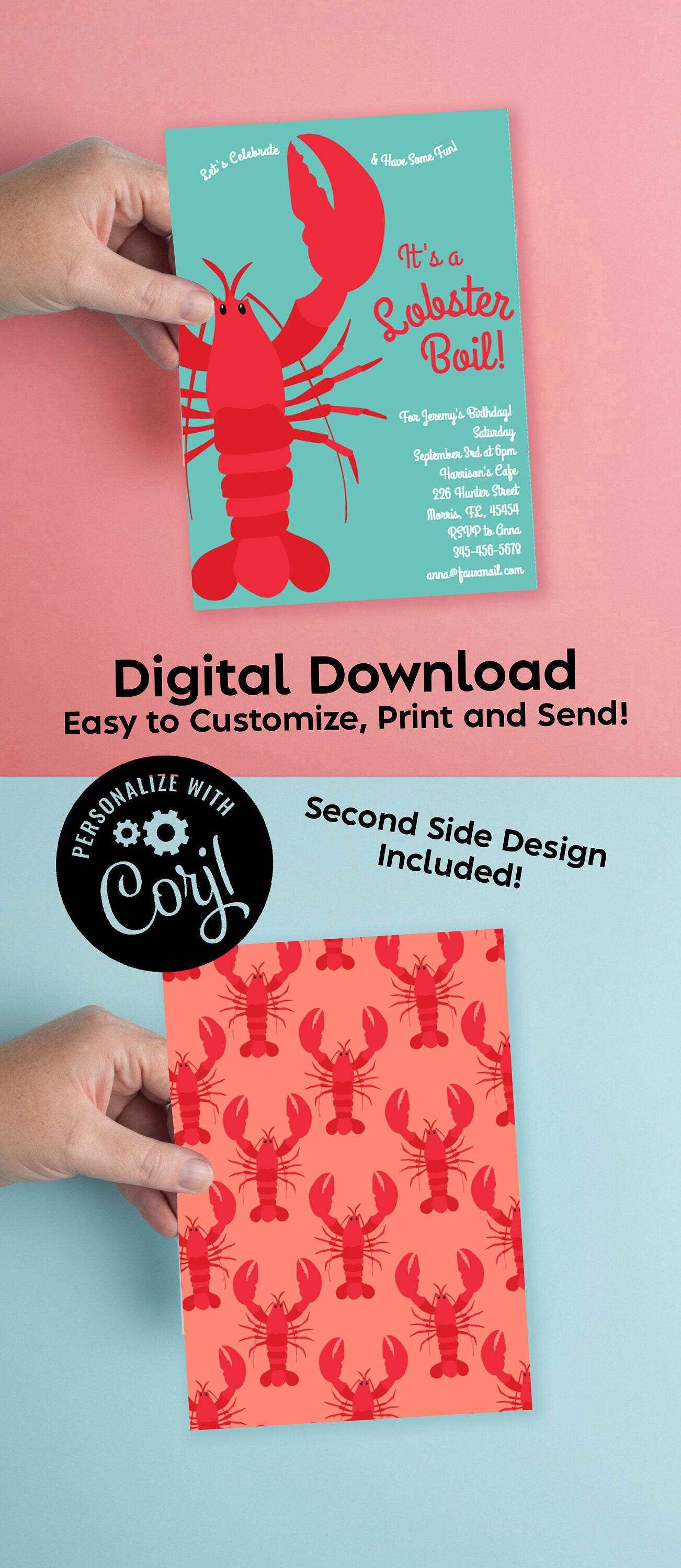 Lobster Boil Invitation Editable Digital Download Seafood Birthday Party Kids Cute