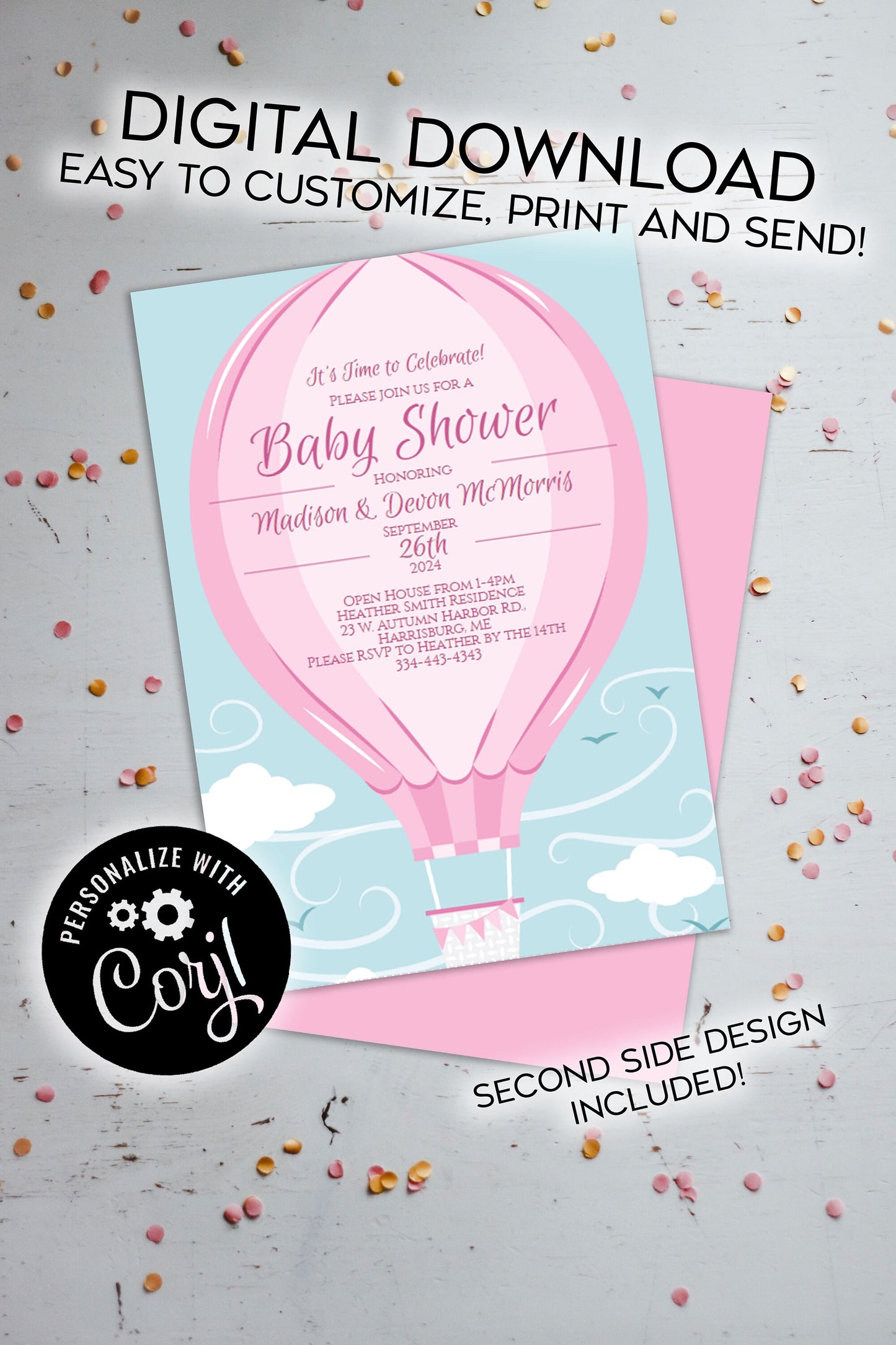 Pink Hot Air Balloon Baby Shower Invitation Editable Digital Elegant Girl Download