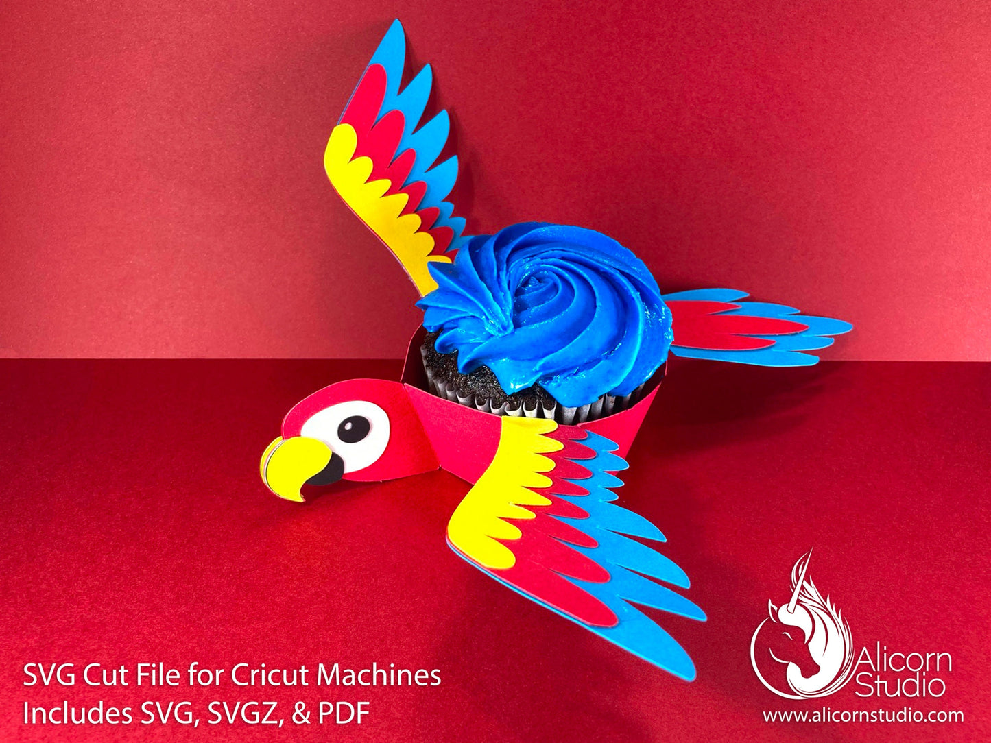 Parrot Bird Cricut Cupcake 3D SVG Cut File for Paper Rainbow Macaw Liner Wrapper Party Decor