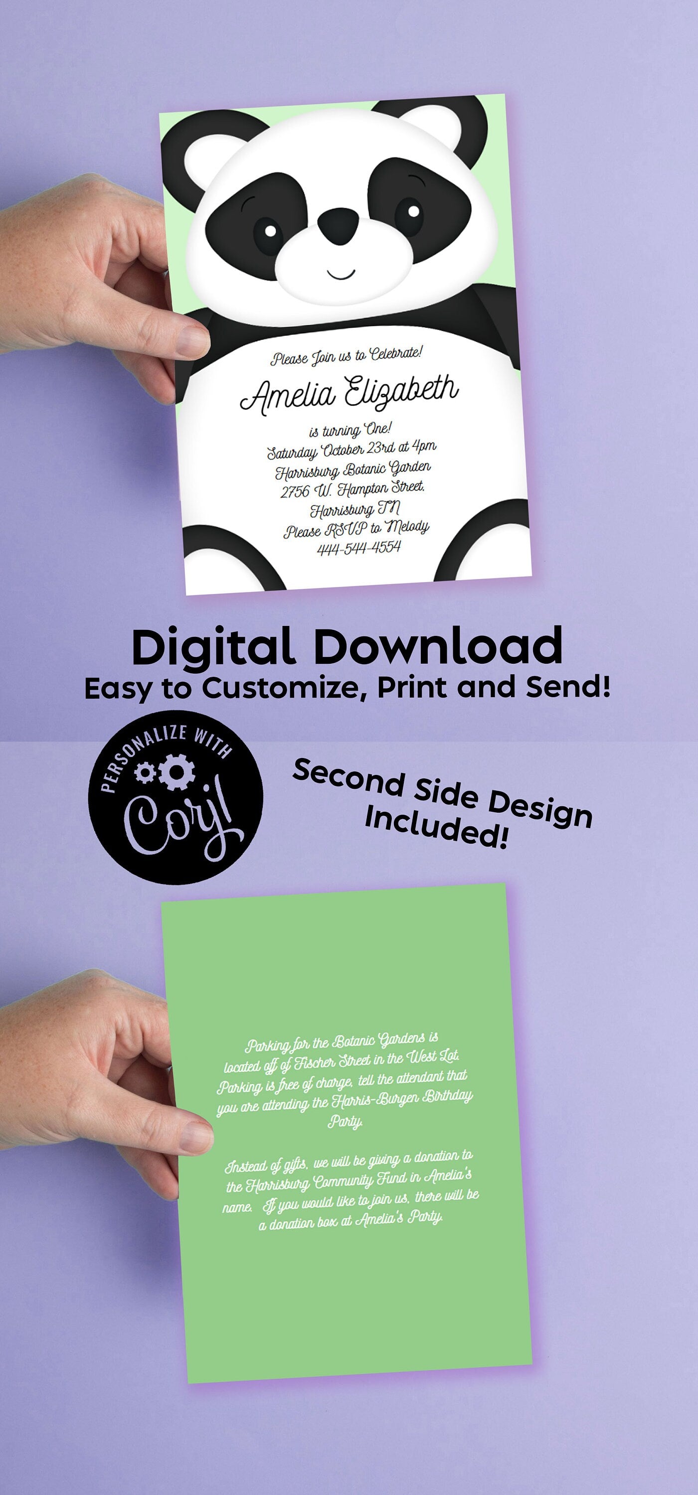 Panda Birthday Party Invitation Editable Digital Download Cute Kids