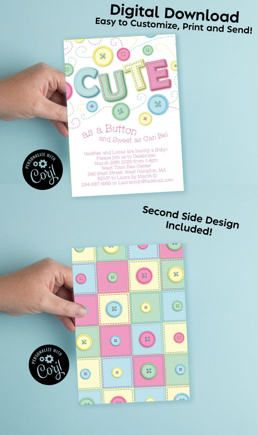 Cute as a Button Baby Shower Invitation Editable Digital Download Cute Kids