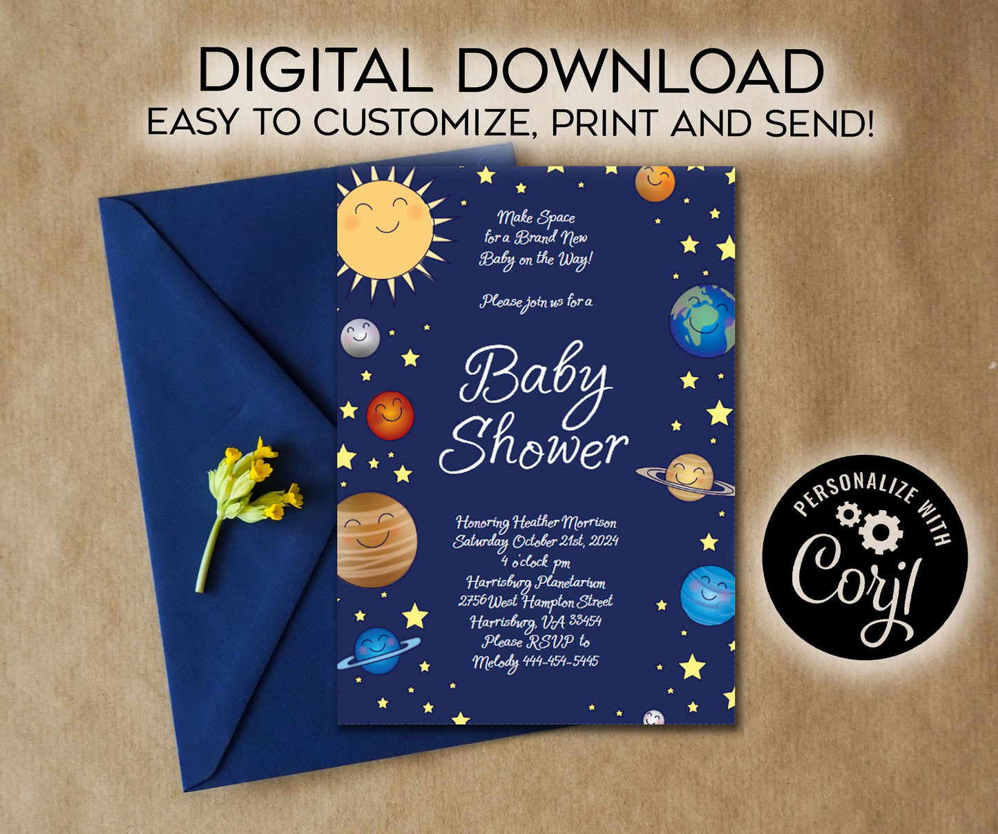 Outer Space Baby Shower Invitation Editable Digital Planets Galaxy Universe Stars Download