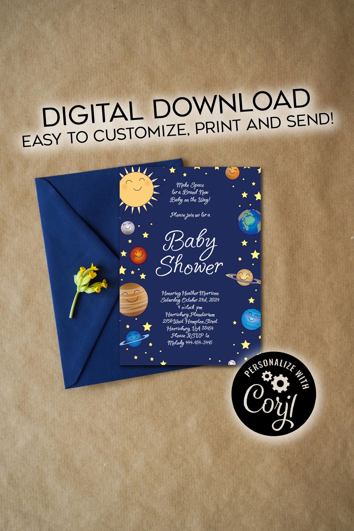 Outer Space Baby Shower Invitation Editable Digital Planets Galaxy Universe Stars Download