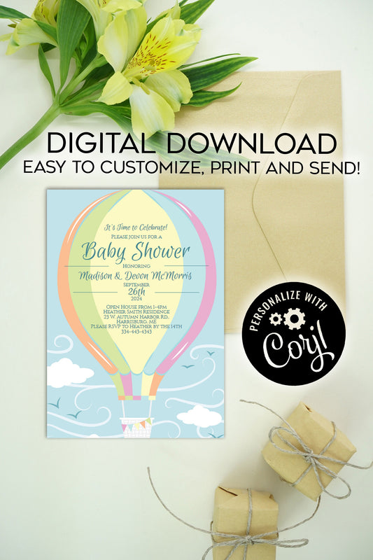 Pastel Rainbow Hot Air Balloon Baby Shower Invitation Editable Digital Elegant Download