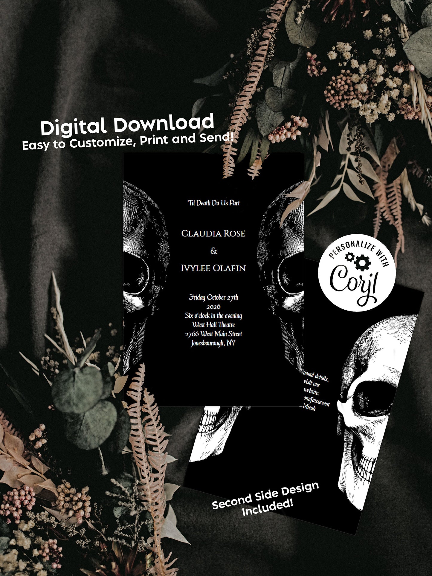 Til Death Do Us Part Gothic Skull Wedding Invitation Editable Digital Download Halloween Party