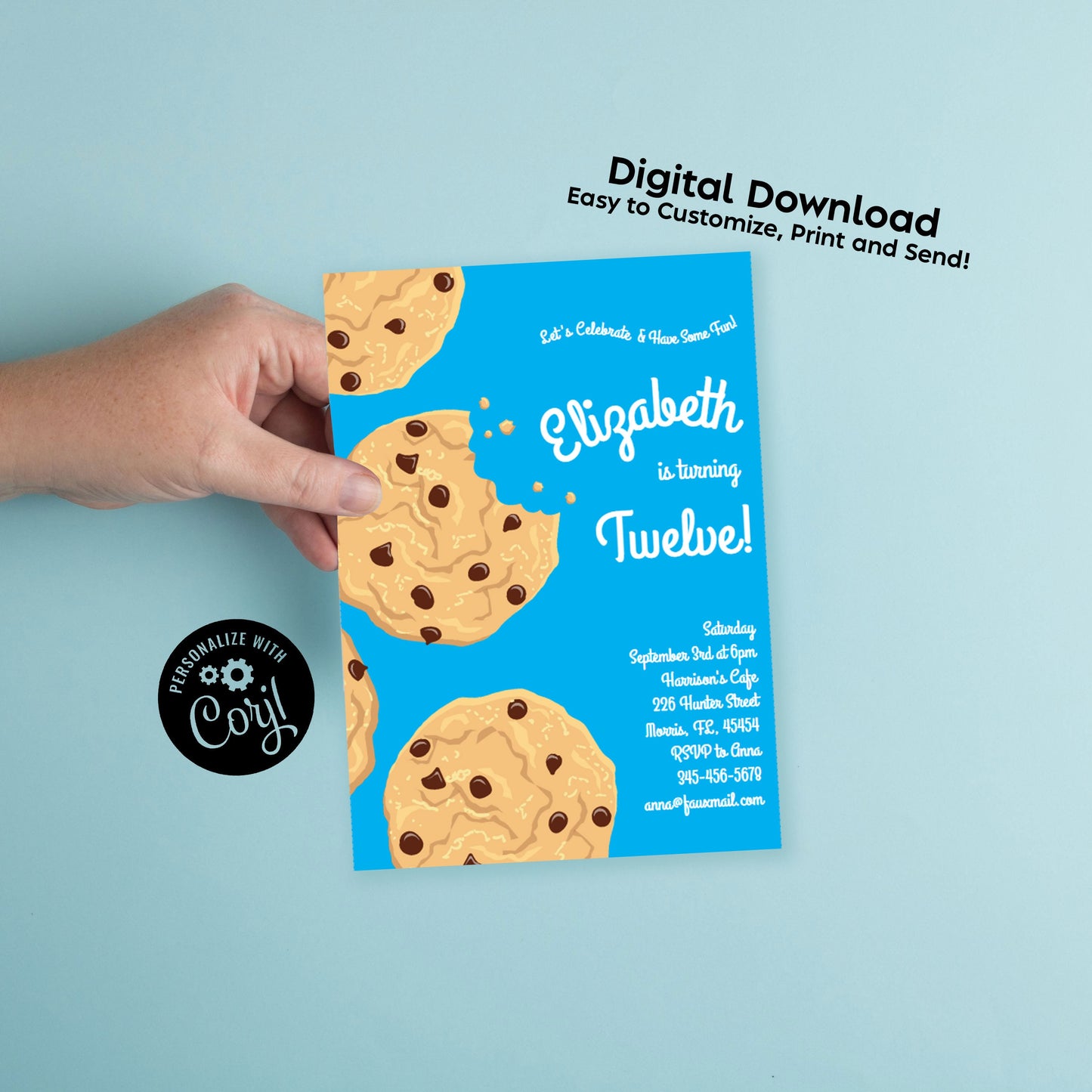 Chocolate Chip Cookie Birthday Party Invitation Editable Digital Download Cute Kids Sleepover