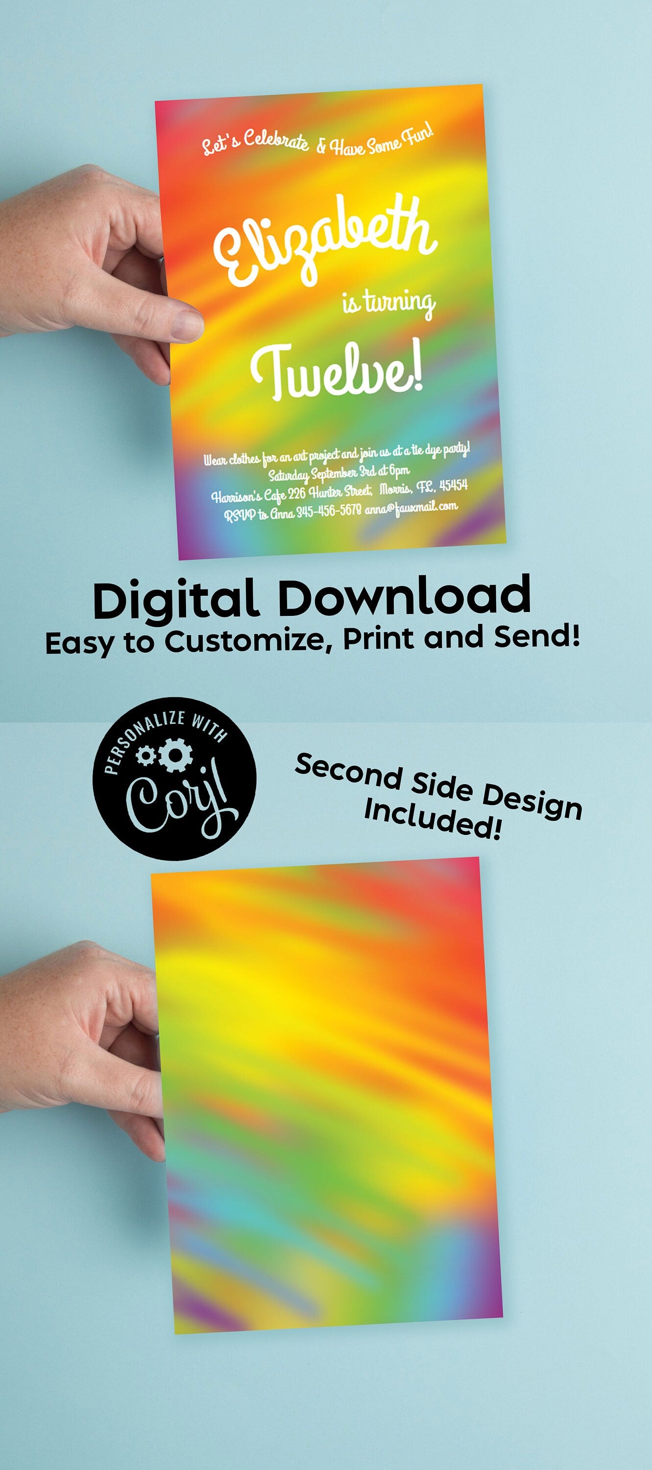 Tie Dye Birthday Party Invitation Editable Digital Download Rainbow Art