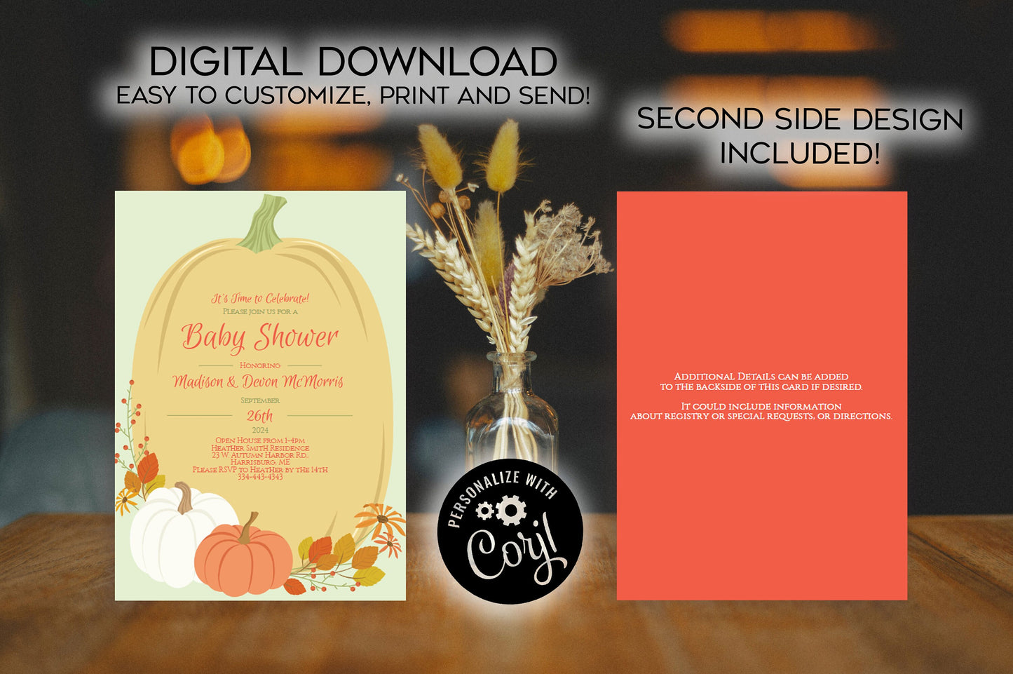 Fall Pumpkin Baby Shower Invitation Editable Digital Elegant Gender Neutral Download