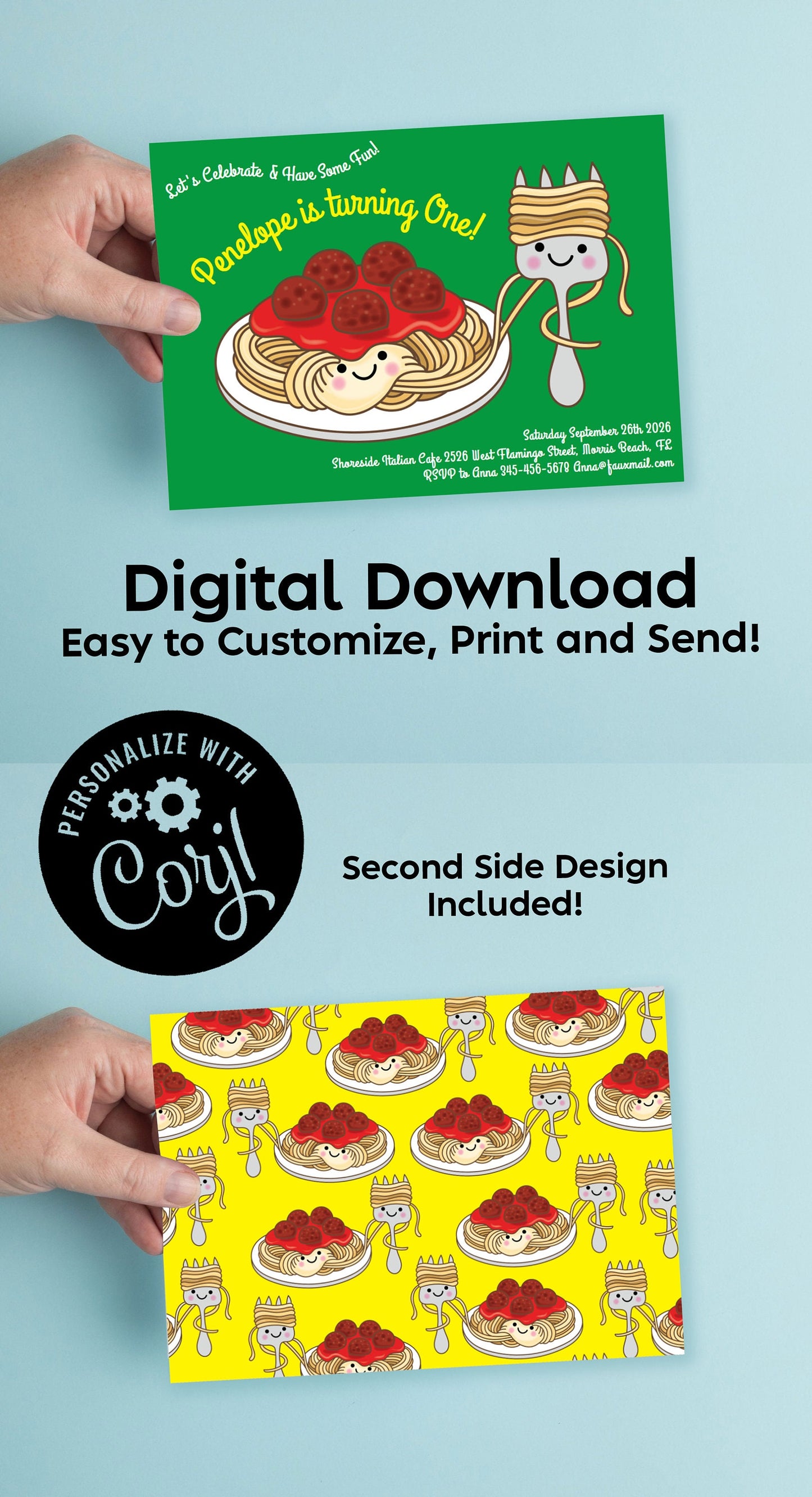 Spaghetti Noodles Pasta Invitation Birthday Party Editable Digital Download Italian Food Kawaii Cartoon
