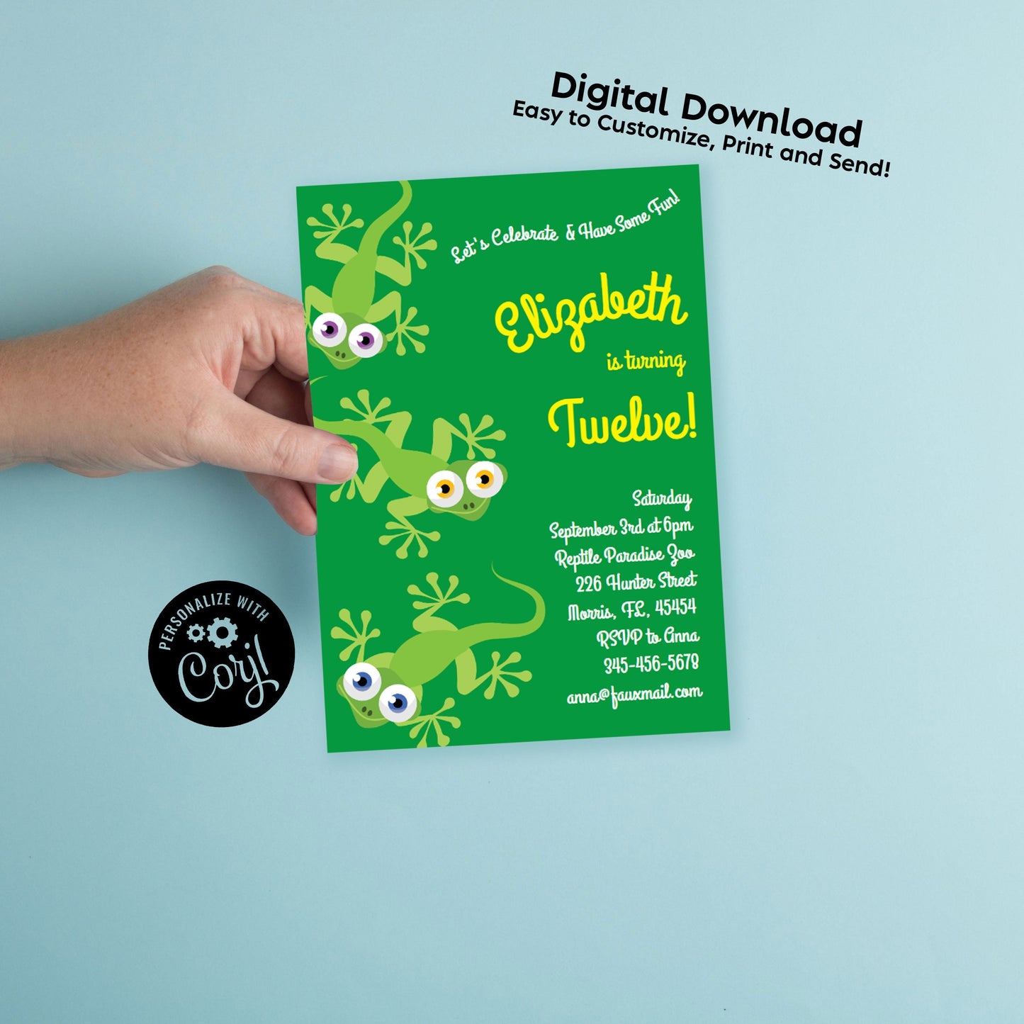 Lizards Geckos Birthday Party Invitation Editable Digital Download Cute Kids Cartoon