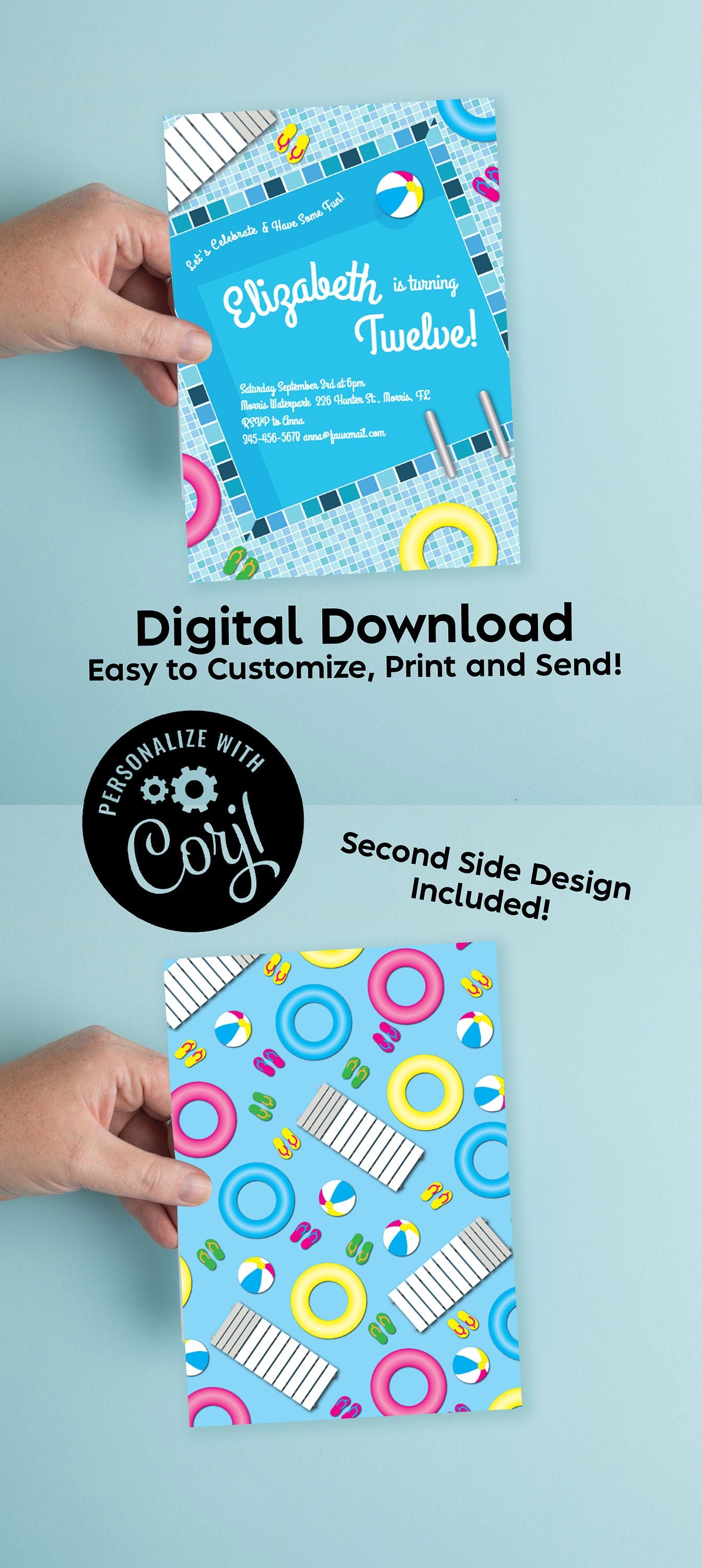 Pool Party Invitation Birthday Party Editable Digital Download Summer