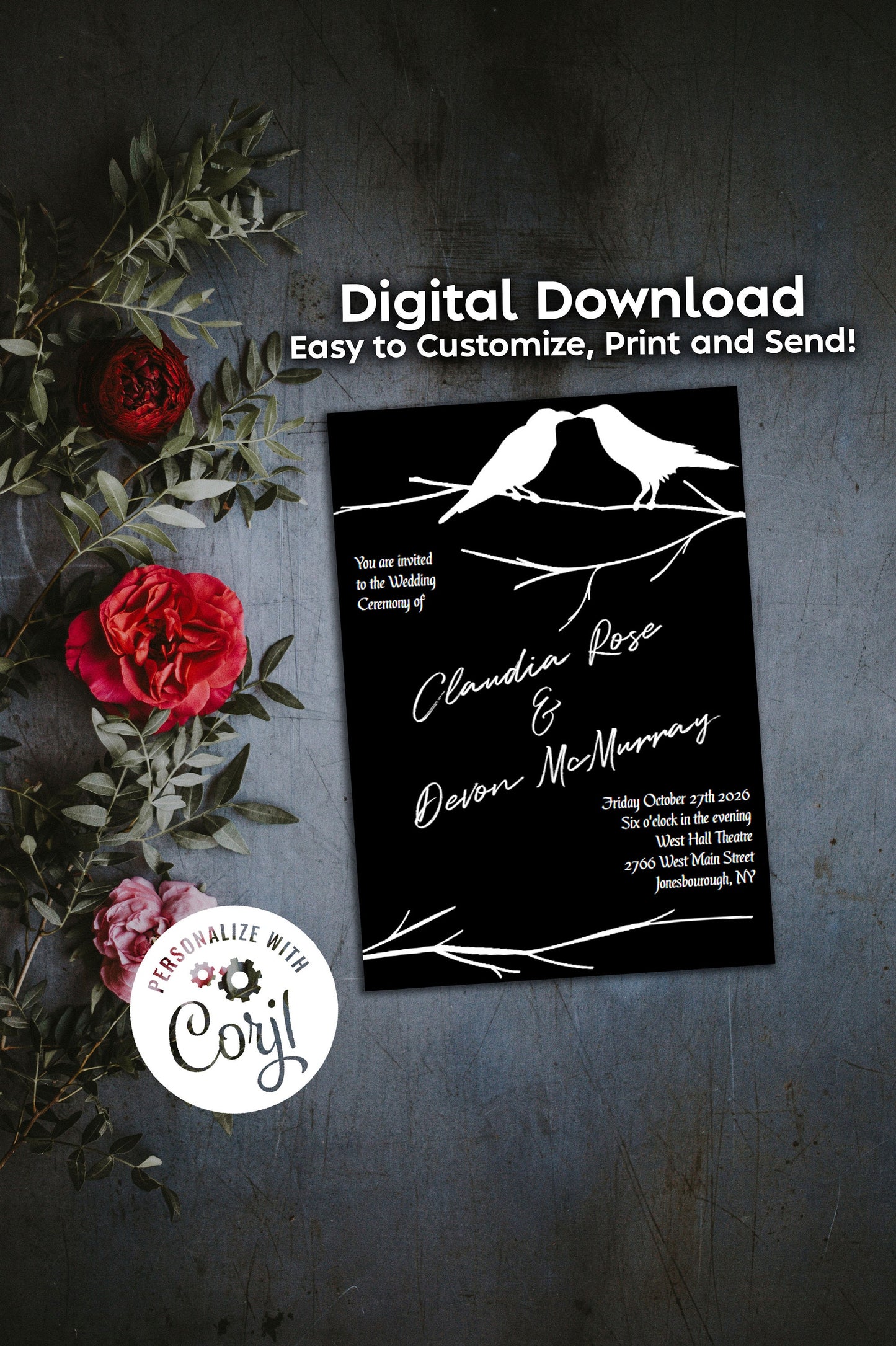 Raven Crows Gothic Wedding Invitation Editable Digital Download Halloween Party