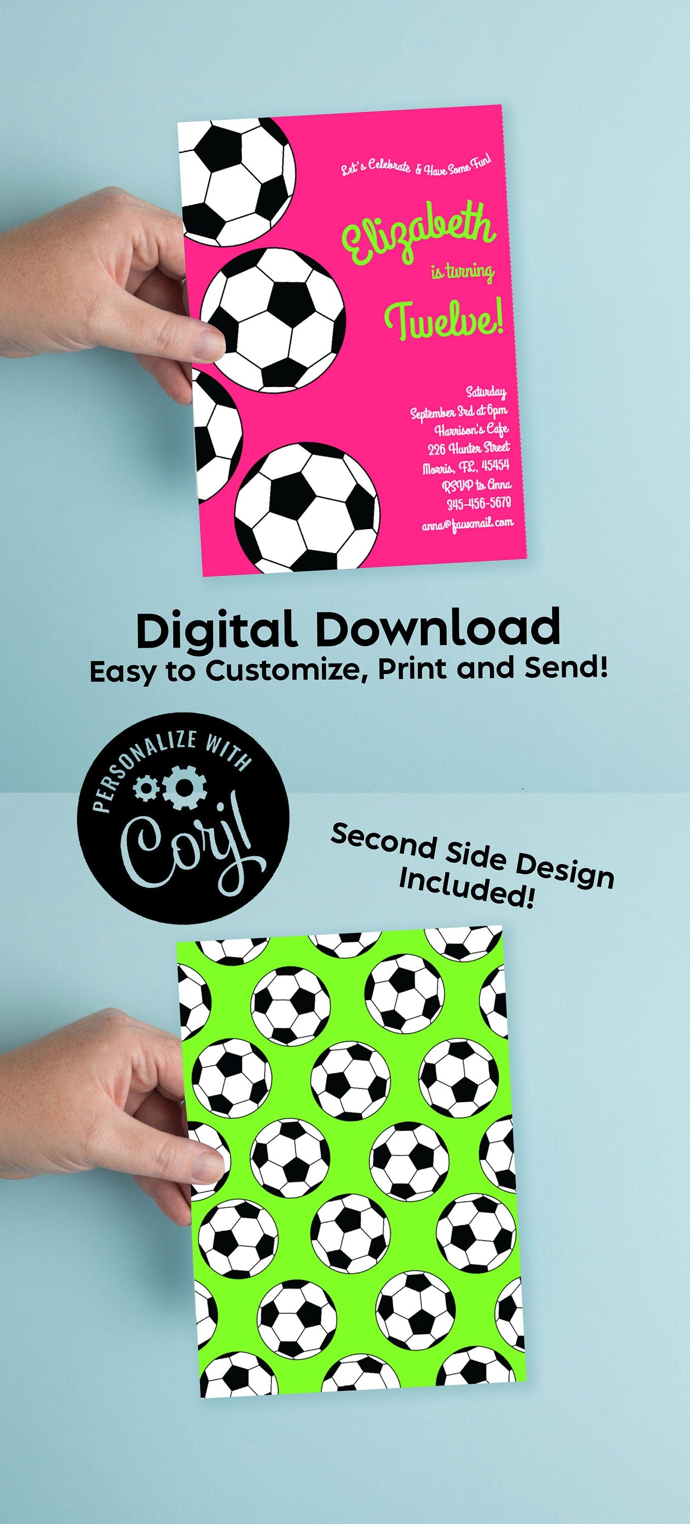 Pink Soccer Balls Sports Invitation Editable Digital Download Birthday Party Girls Kids