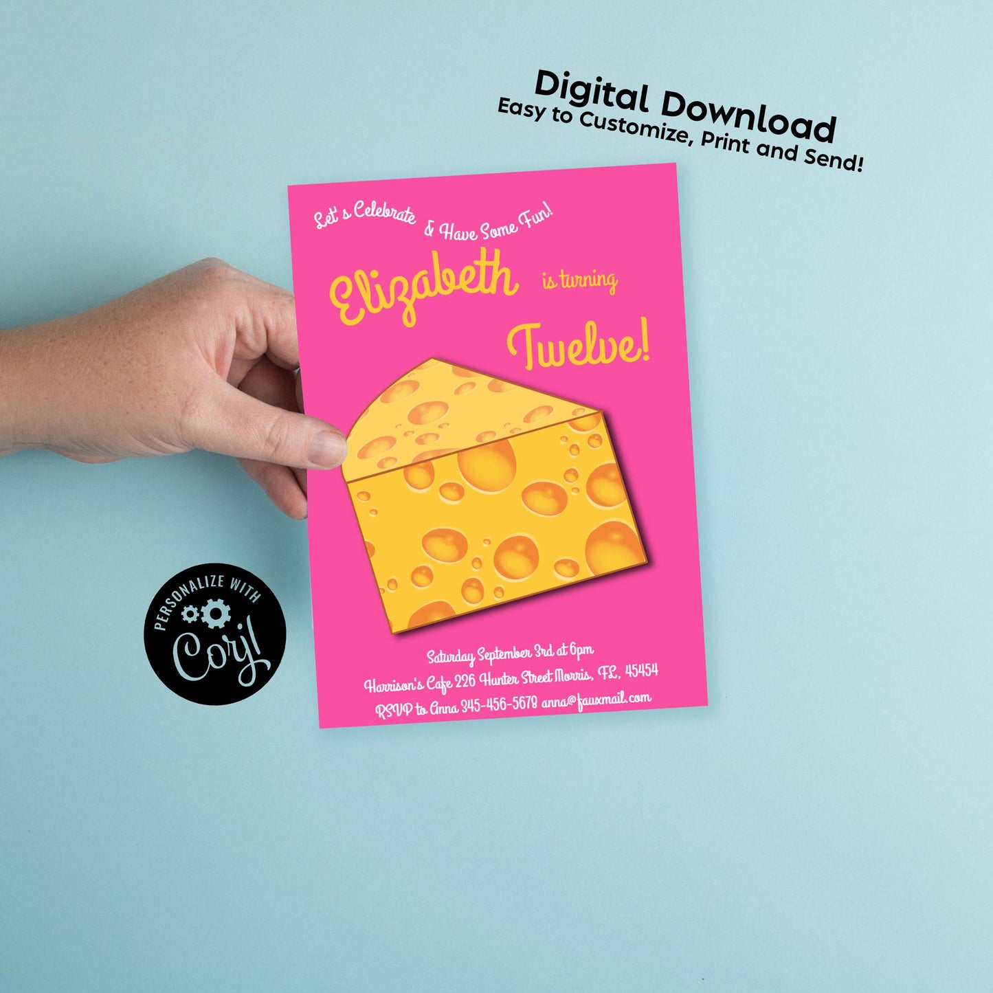 Cheese Birthday Party Invitation Editable Digital Download Cheddar Wedge Cute Kids Toddlers Pink