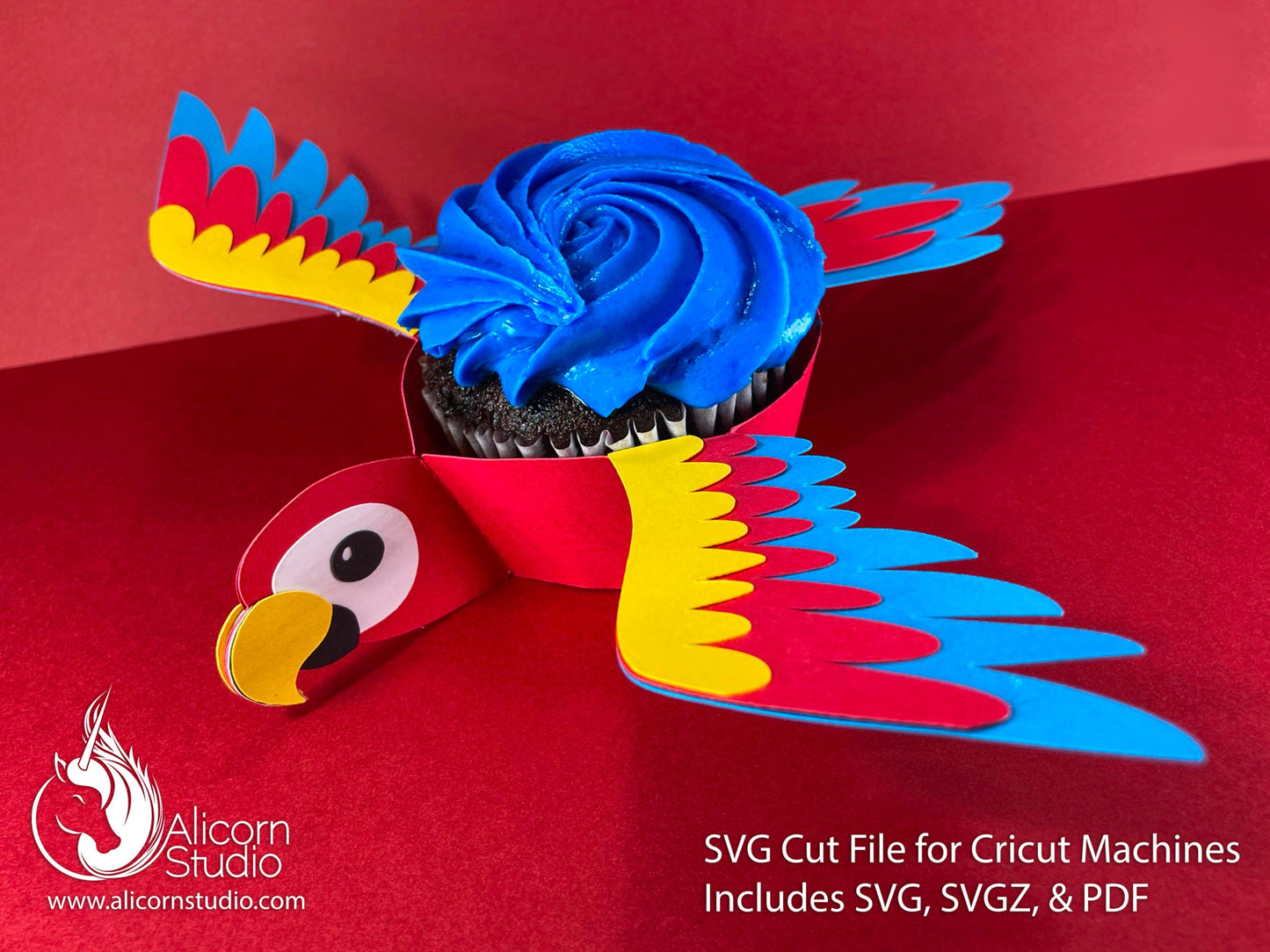 Parrot Bird Cricut Cupcake 3D SVG Cut File for Paper Rainbow Macaw Liner Wrapper Party Decor