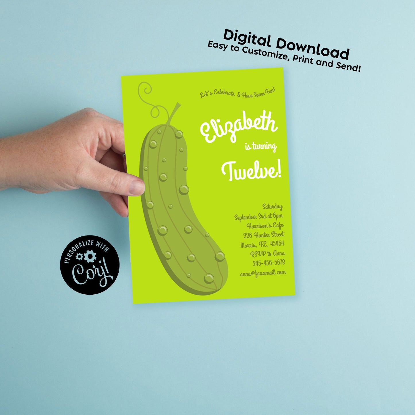 Pickle Birthday Party Invitation Editable Digital Download Cute Kids Food