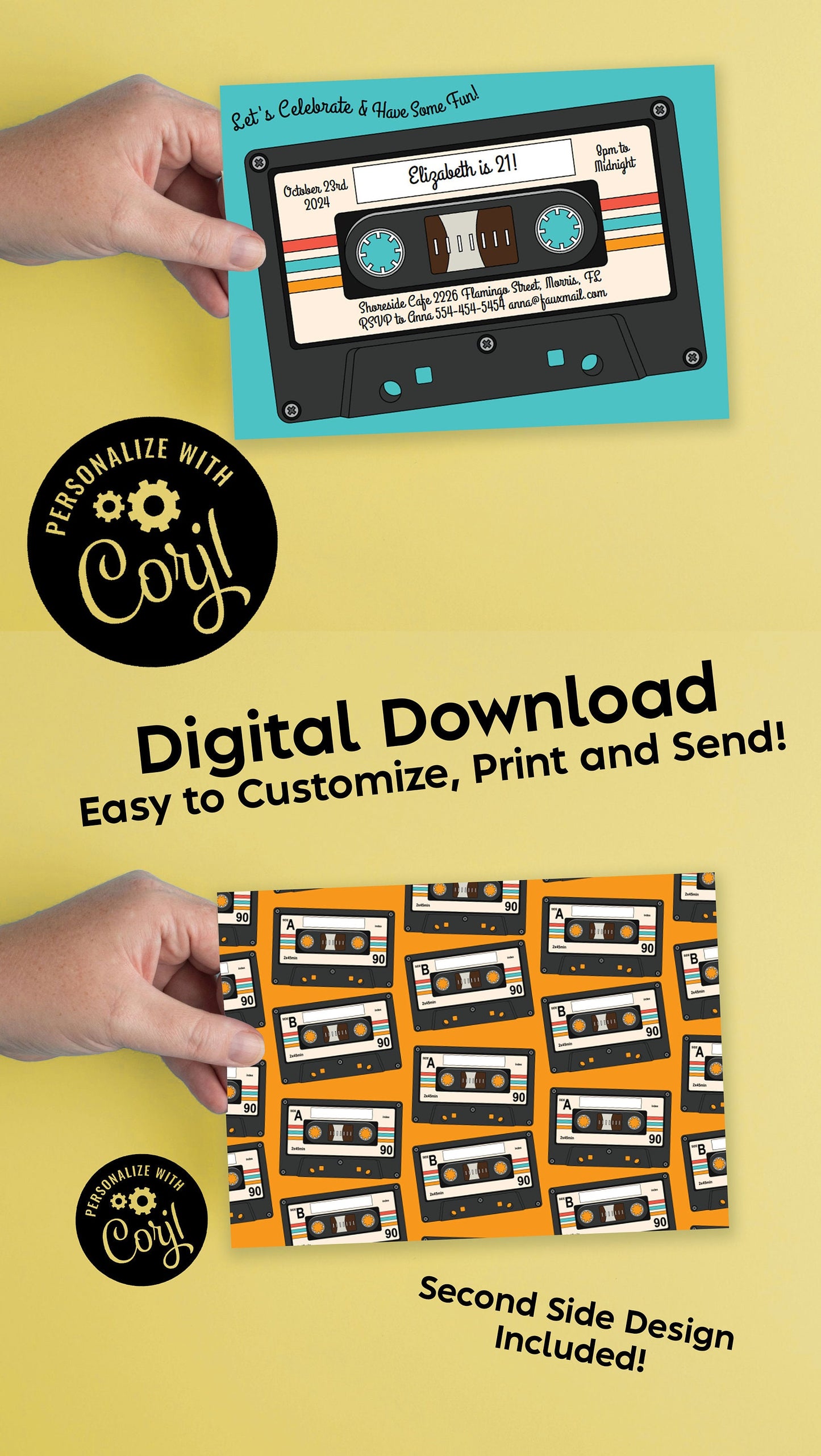 Cassette Tape Birthday Party Invitation Editable Digital Download Retro 80's 90's Vintage Music