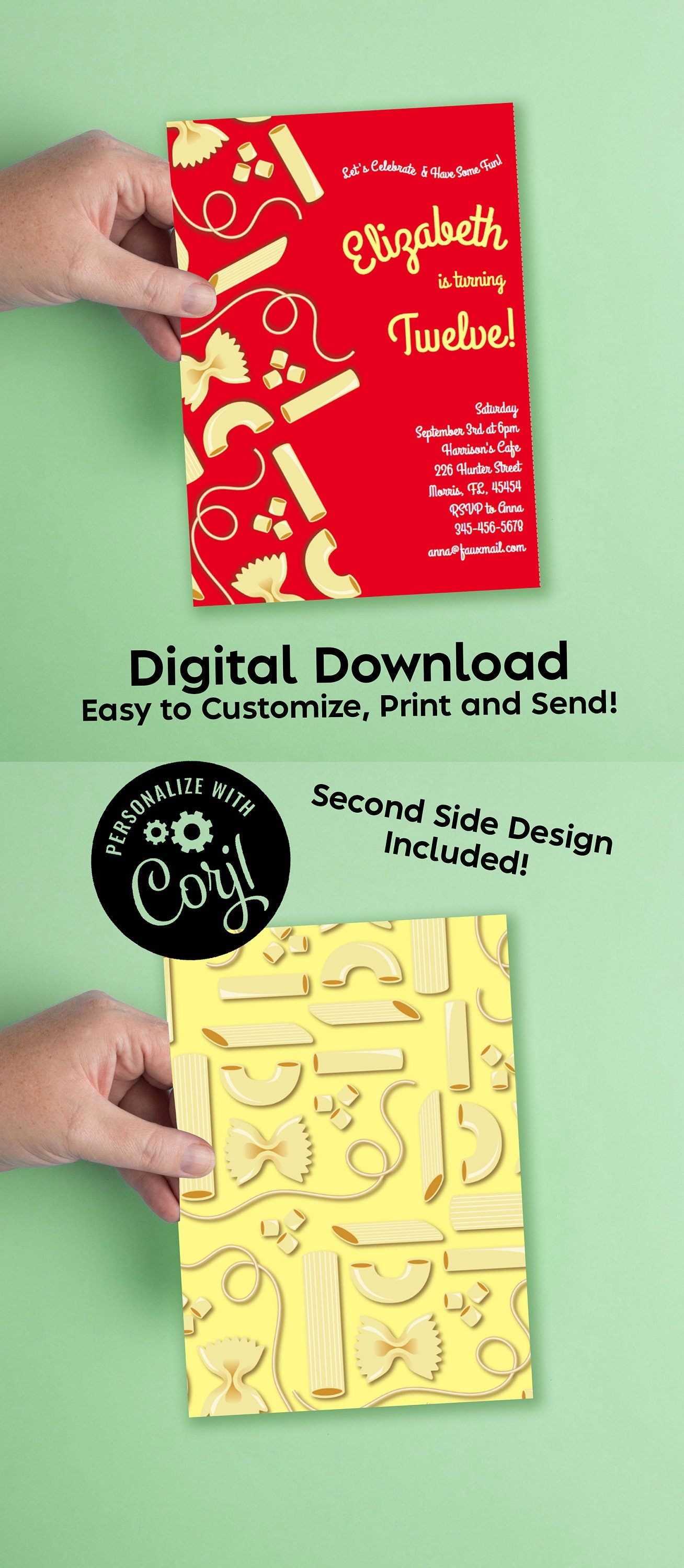 Noodles Pasta Invitation Birthday Party Editable Digital Download Italian Food