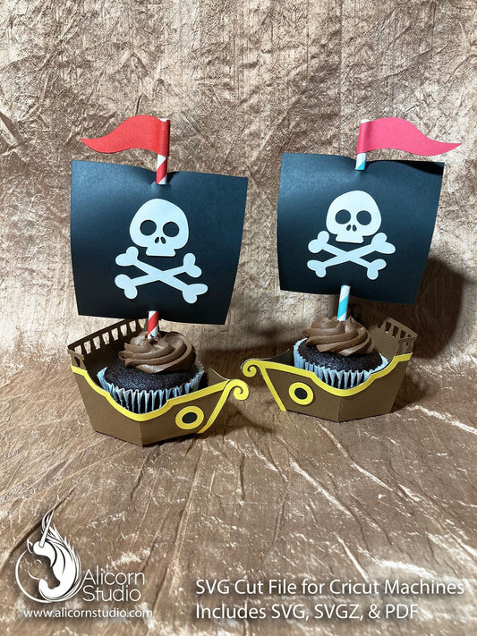 Pirate Ship SVG Cricut Cut File 3D Paper Cupcake Wrap Liner Wrapper Birthday Party Decor
