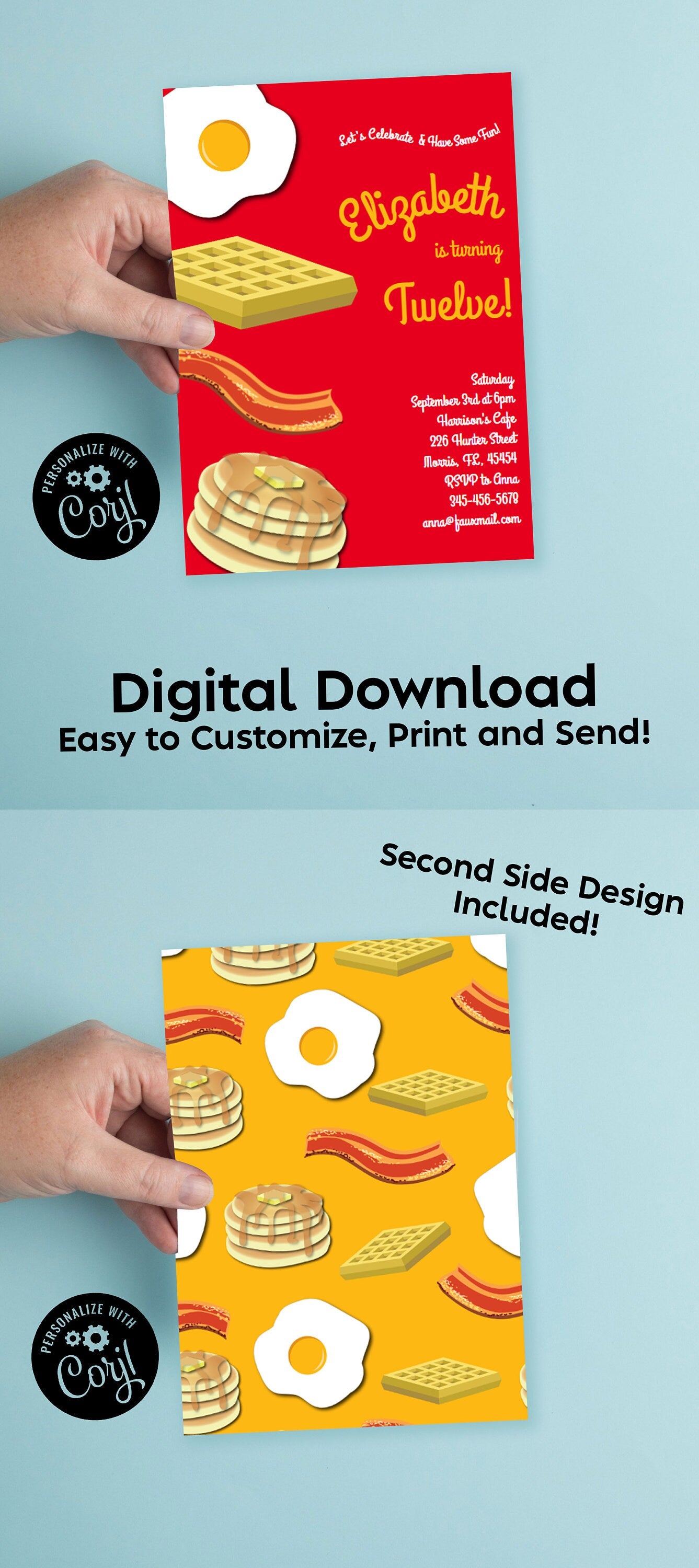 Breakfast Brunch Birthday Party Invitation Editable Digital Download Pancake Waffle Eggs Bacon Cute Kids