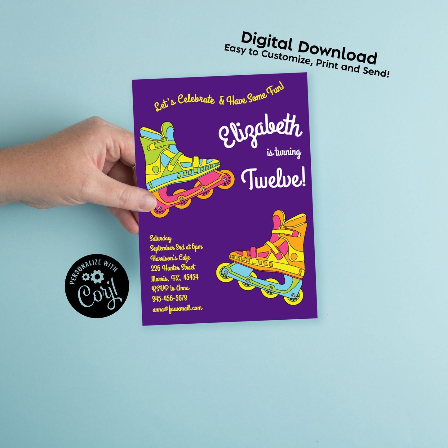Roller Blade Birthday Party Invitation Editable Digital Download 90's Roller Skating Rink