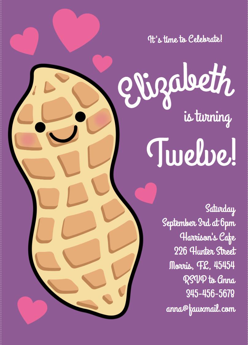 Peanut Invitation Birthday Party Editable Digital Download Kids Cute Kawaii Cartoon