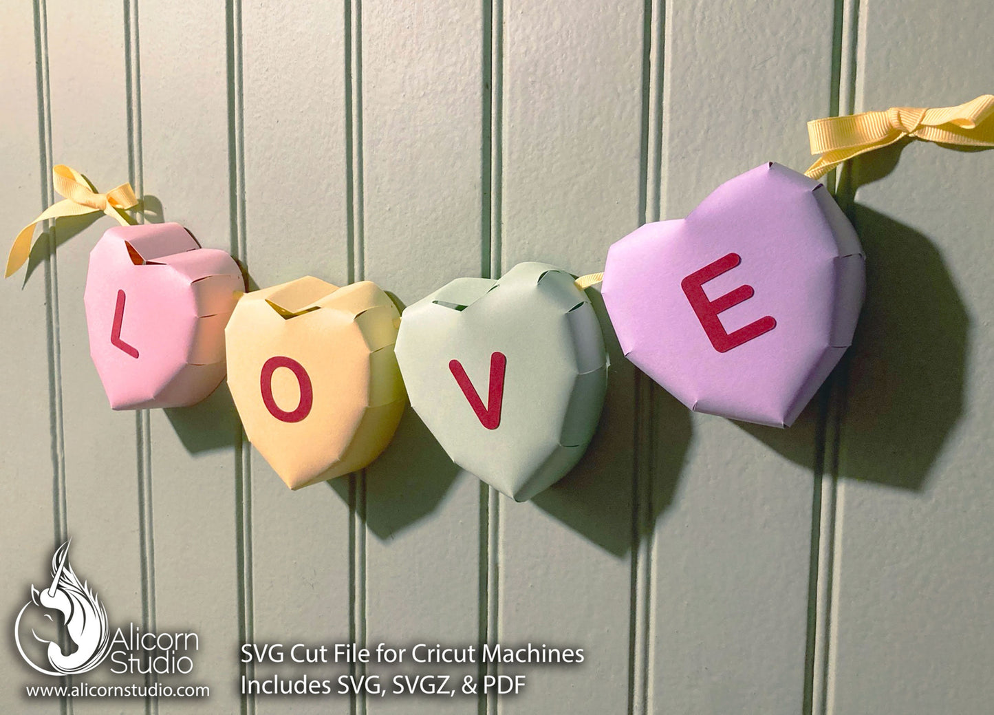 3D Paper Candy Hearts Valentine's Day Banner Bunting SVG File Cut File for Cricut Party Decor
