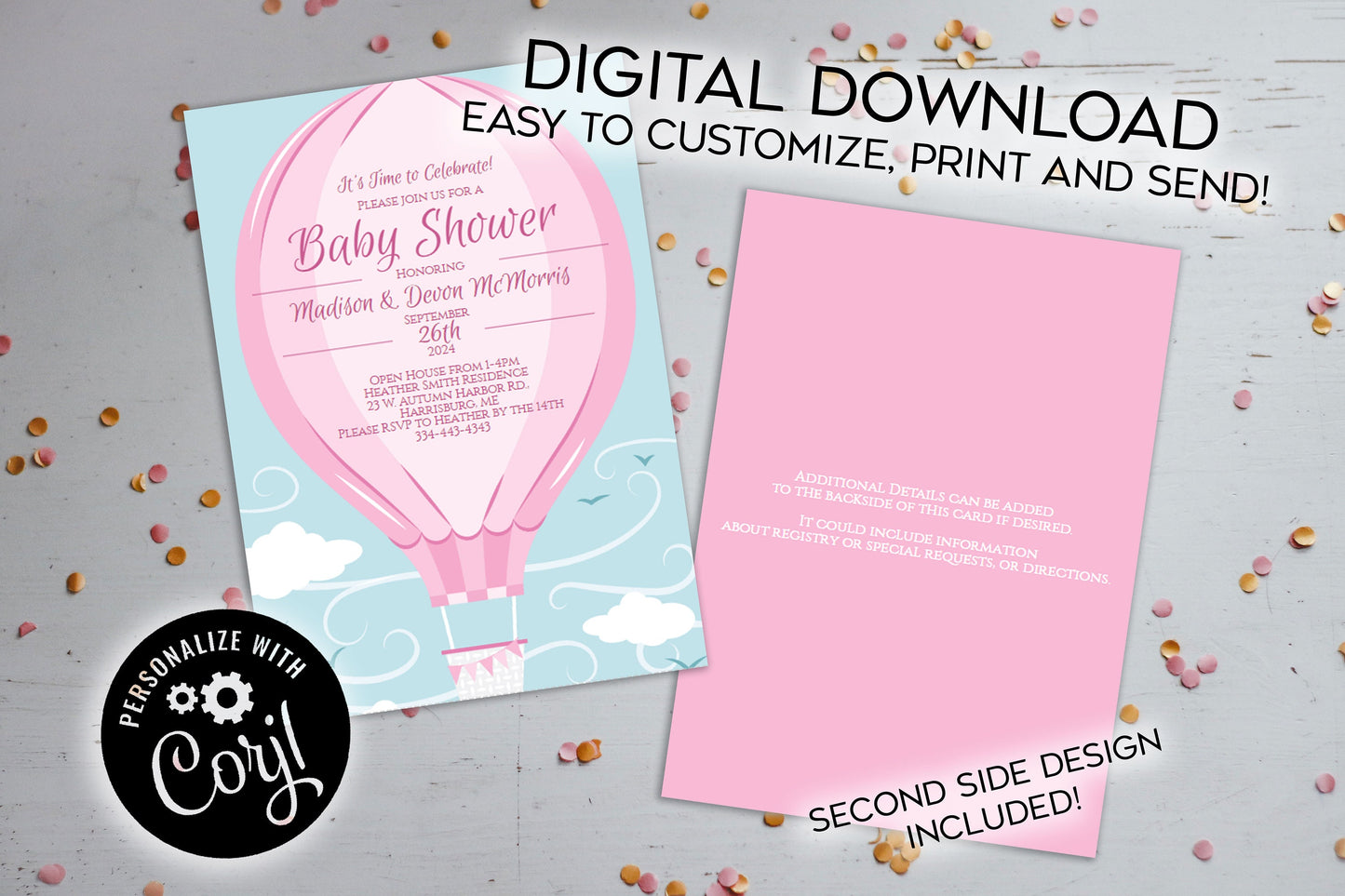 Pink Hot Air Balloon Baby Shower Invitation Editable Digital Elegant Girl Download