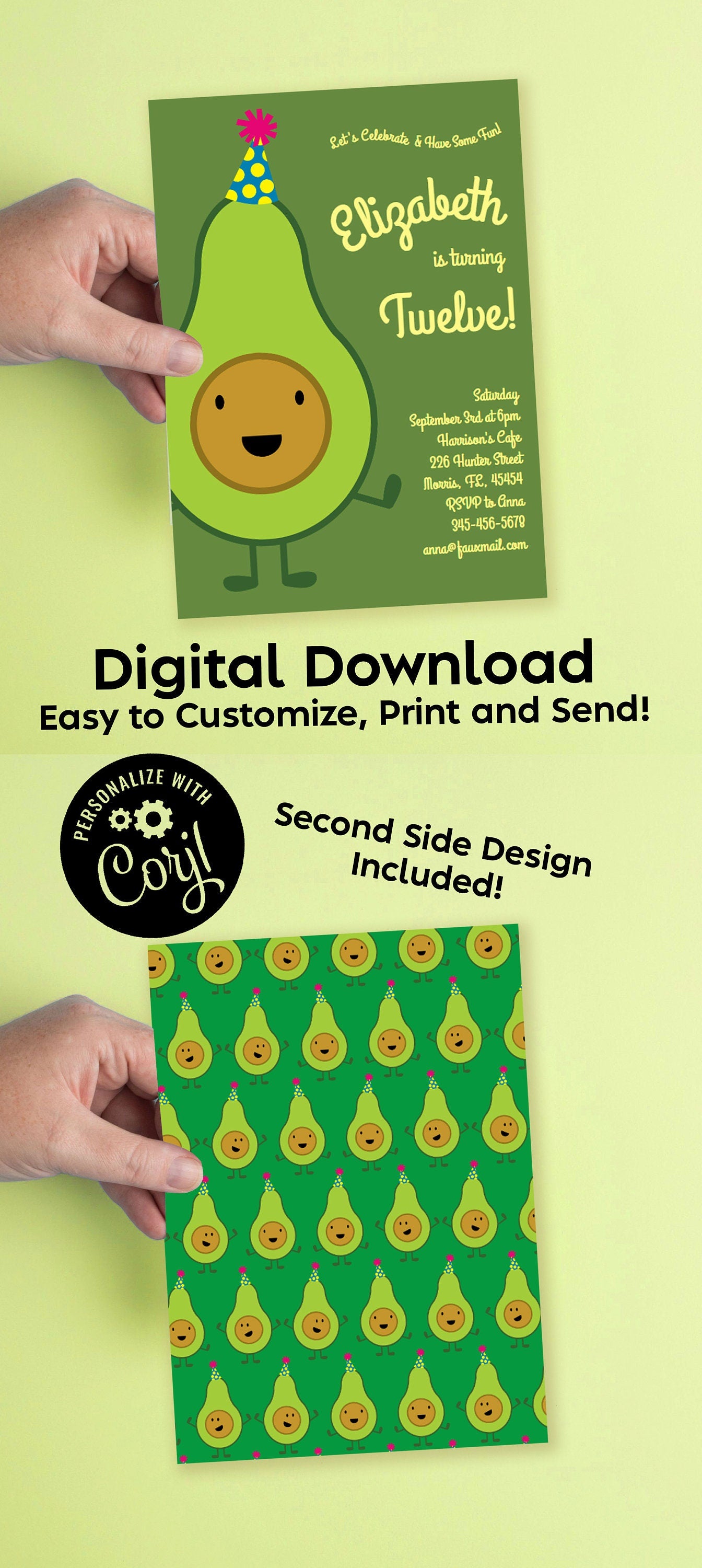 Avocado Birthday Party Invitation Editable Digital Download Cute Kids