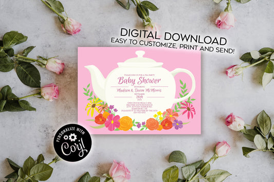Pink Tea Party Baby Shower Invitation Editable Digital Teapot Spring Flowers Download