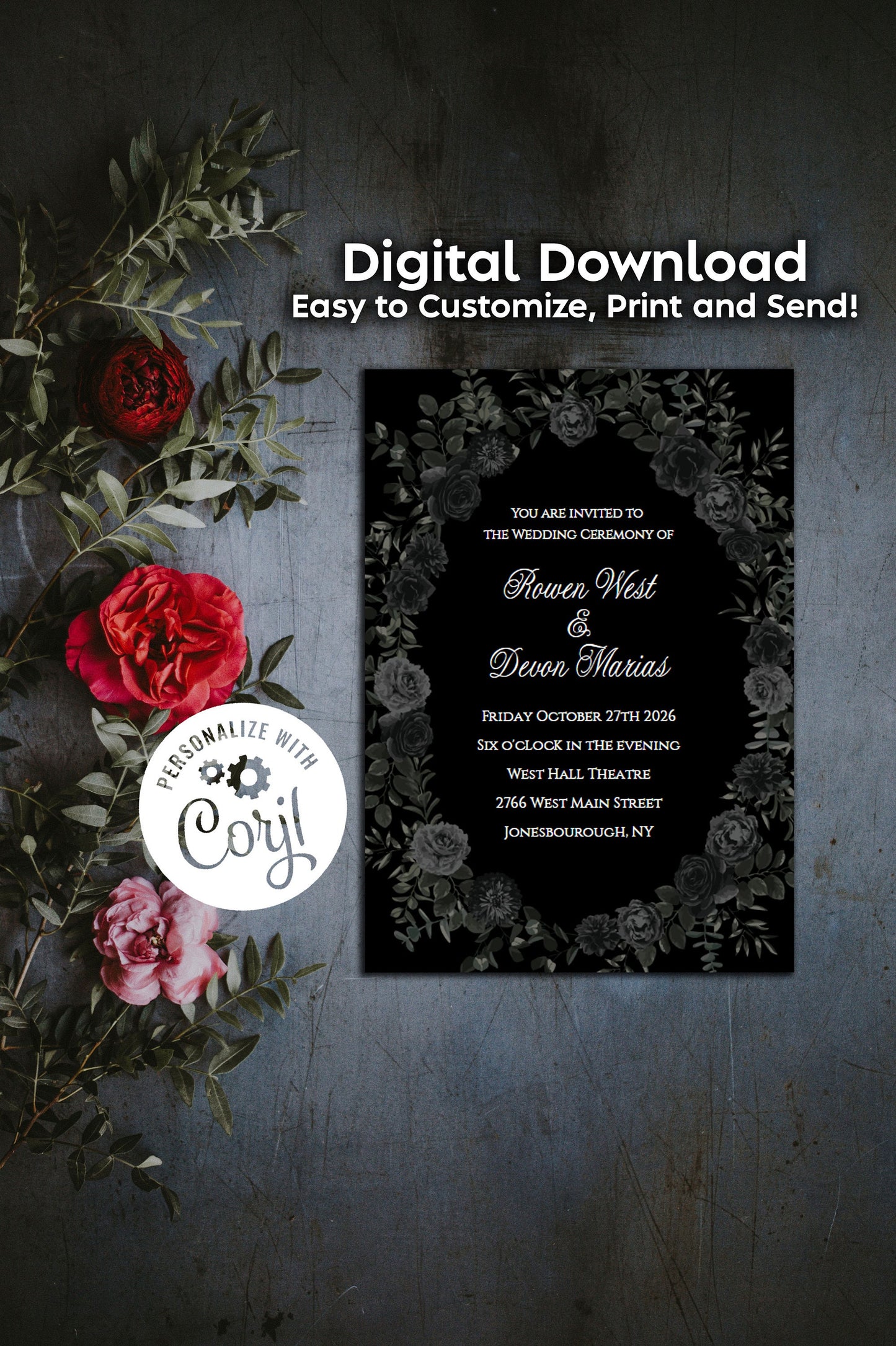 Black White Elegant Gothic Wedding Invitation Editable Digital Download Black Roses Party