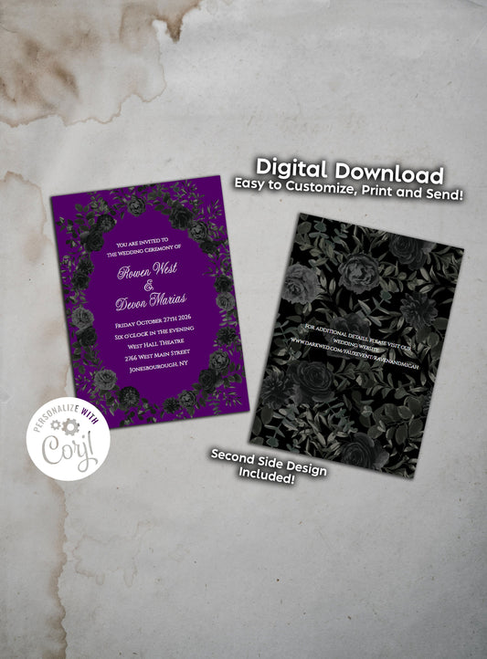 Purple Black Elegant Gothic Wedding Invitation Editable Digital Download Roses Party