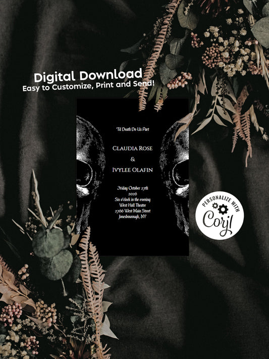 Til Death Do Us Part Gothic Skull Wedding Invitation Editable Digital Download Halloween Party