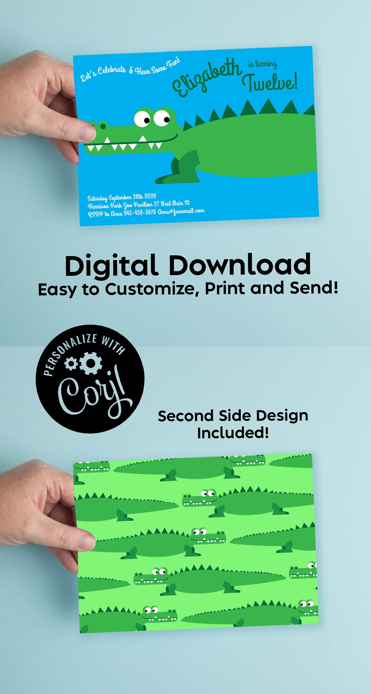 Gator Alligator Crocodile Birthday Party Invitation Editable Digital Download Cute Kids Reptile Croc