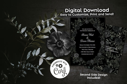 Black White Elegant Gothic Wedding Invitation Editable Digital Download Black Roses Party