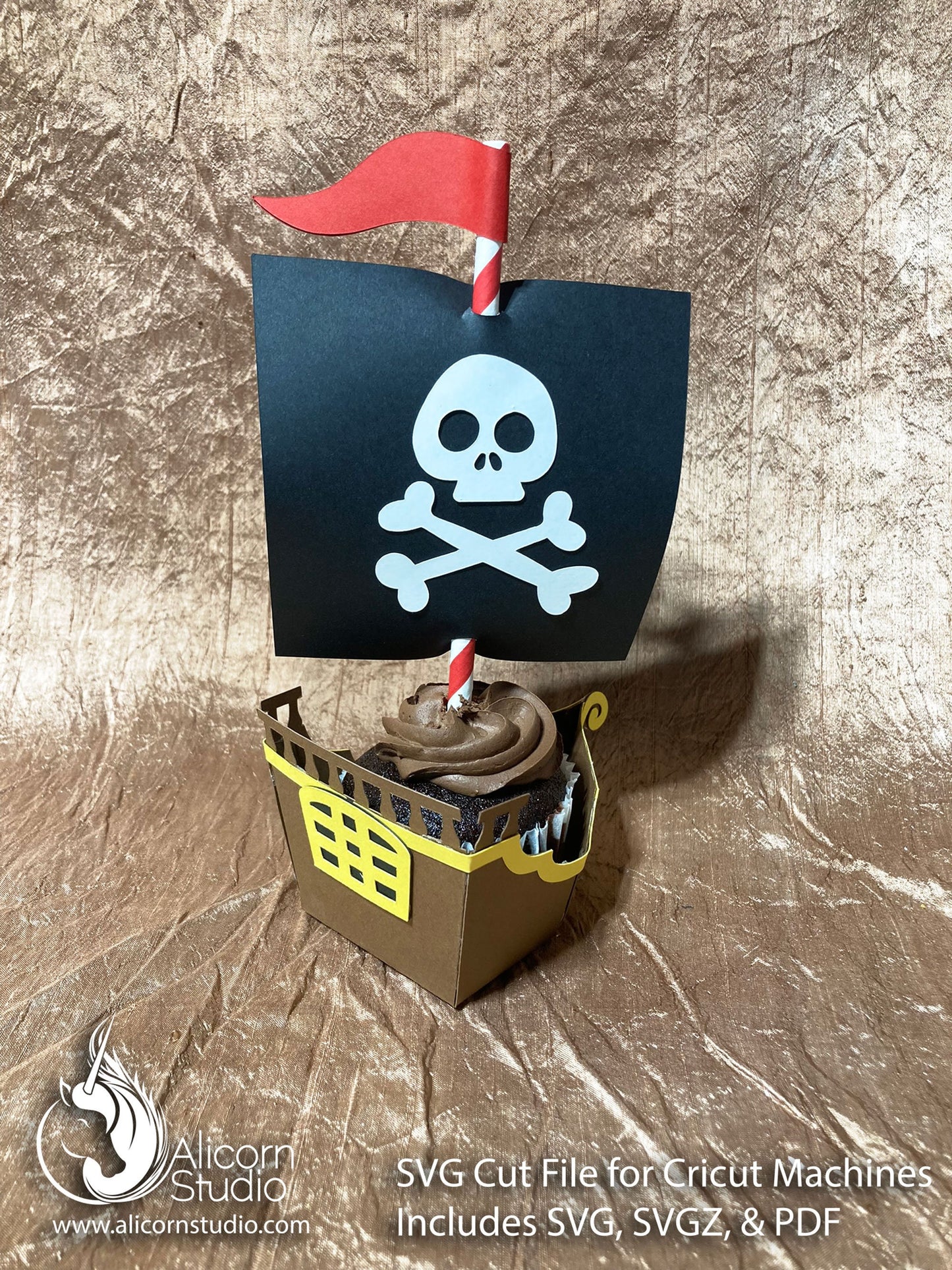 Pirate Ship SVG Cricut Cut File 3D Paper Cupcake Wrap Liner Wrapper Birthday Party Decor