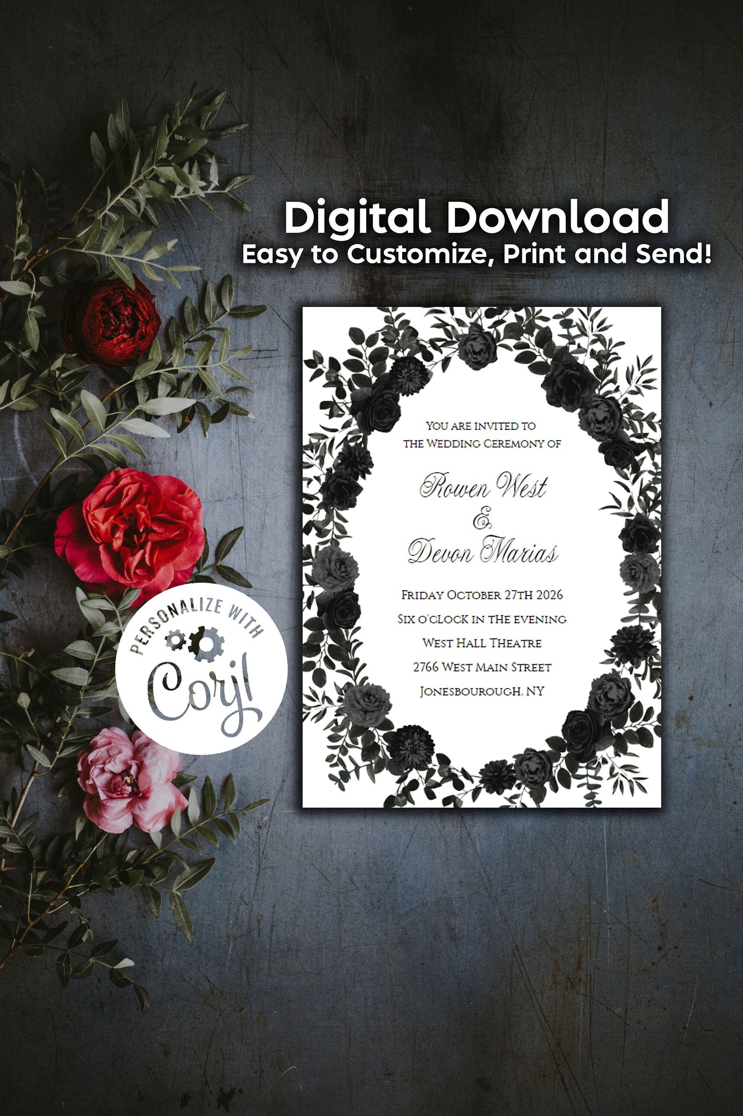 White Black Elegant Gothic Wedding Invitation Editable Digital Download Black Roses Party