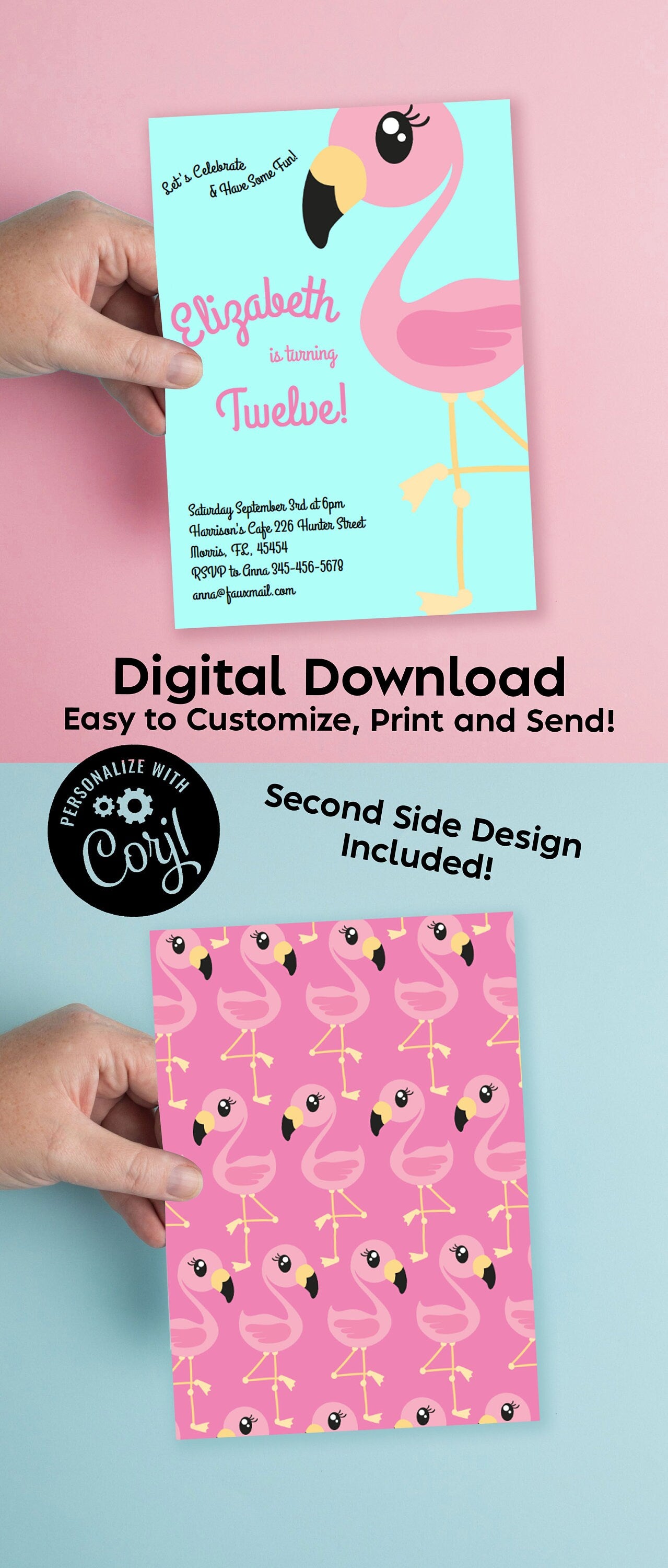 Pink Flamingo Birthday Party Invitation Editable Digital Download Cute Kids Tropical Bird