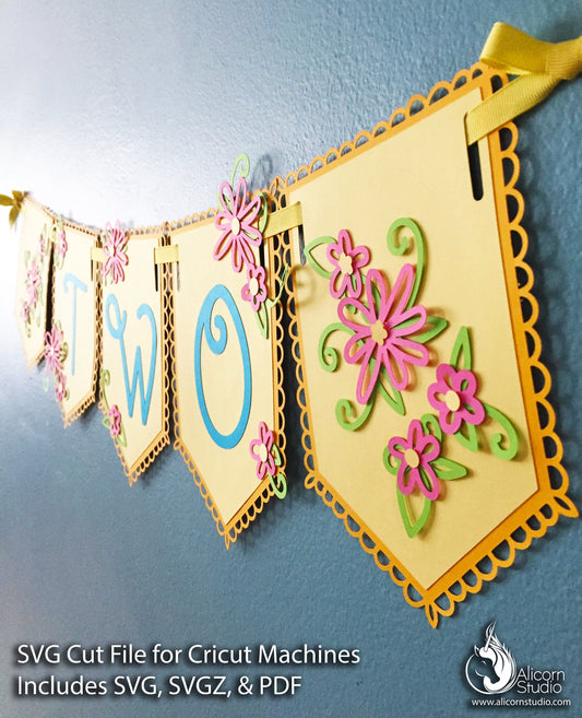 Spring Flower Banner Bunting SVG File Cut File for Cricut Kids Birthday Party Decor