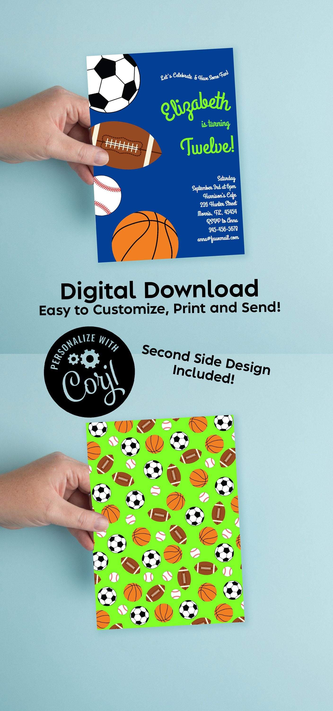 Sports Invitation Editable Digital Download Birthday Party Kids Football Baseball Basketball Soccer