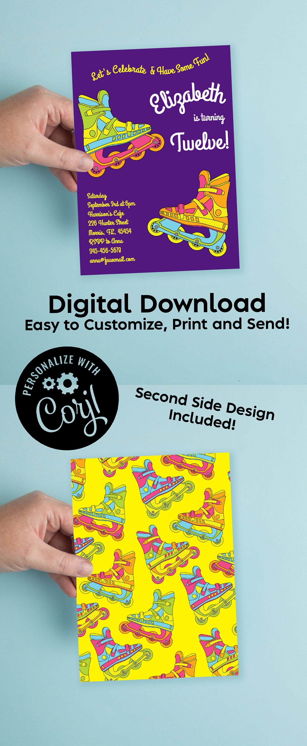 Roller Blade Birthday Party Invitation Editable Digital Download 90's Roller Skating Rink