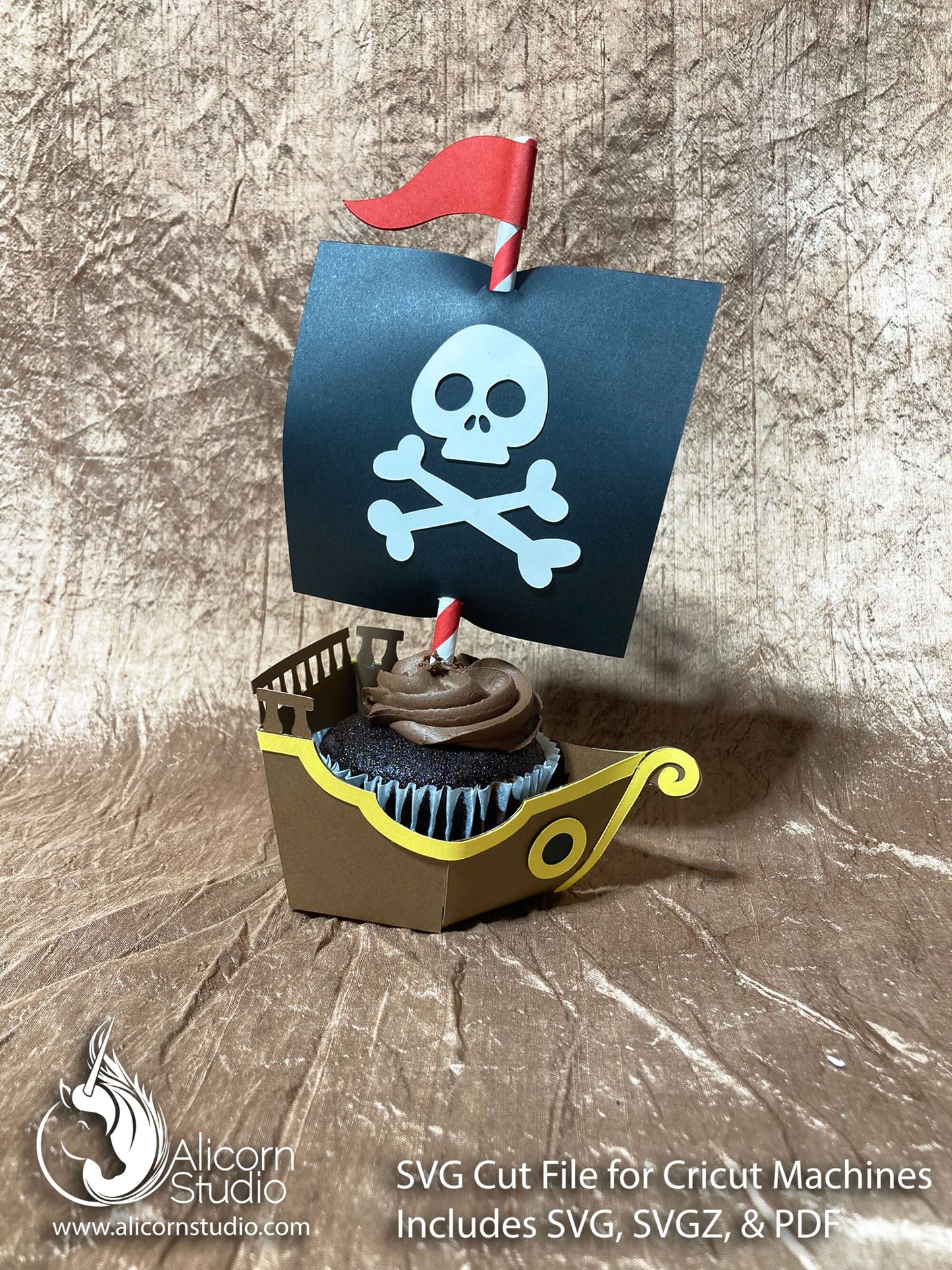 Pirate Ship SVG Cricut Cut File 3D Paper Cupcake Wrap Liner Wrapper Birthday Party Decor