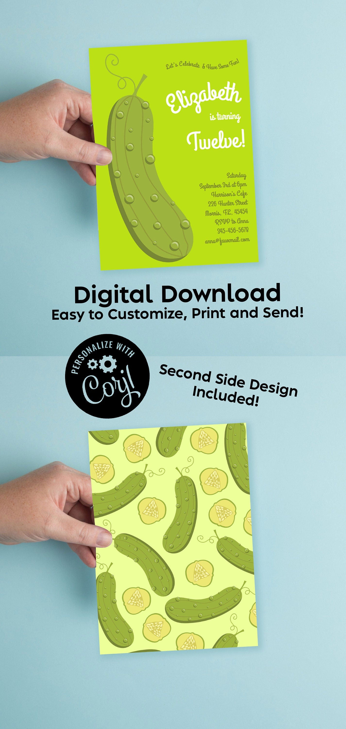 Pickle Birthday Party Invitation Editable Digital Download Cute Kids Food