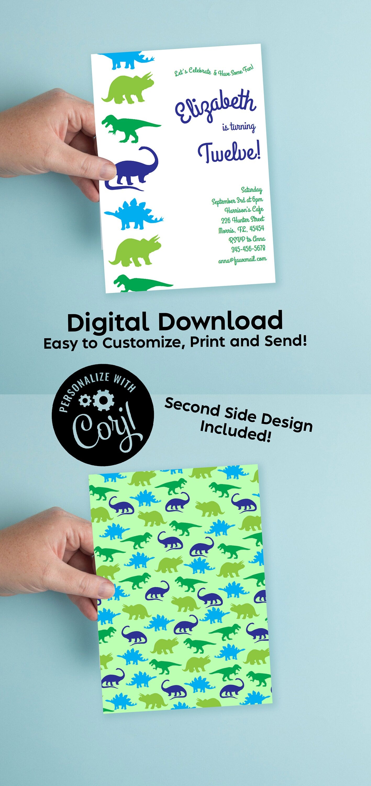 Dinosaur Birthday Party Invitation Editable Digital Download Cute Kids Silhouette