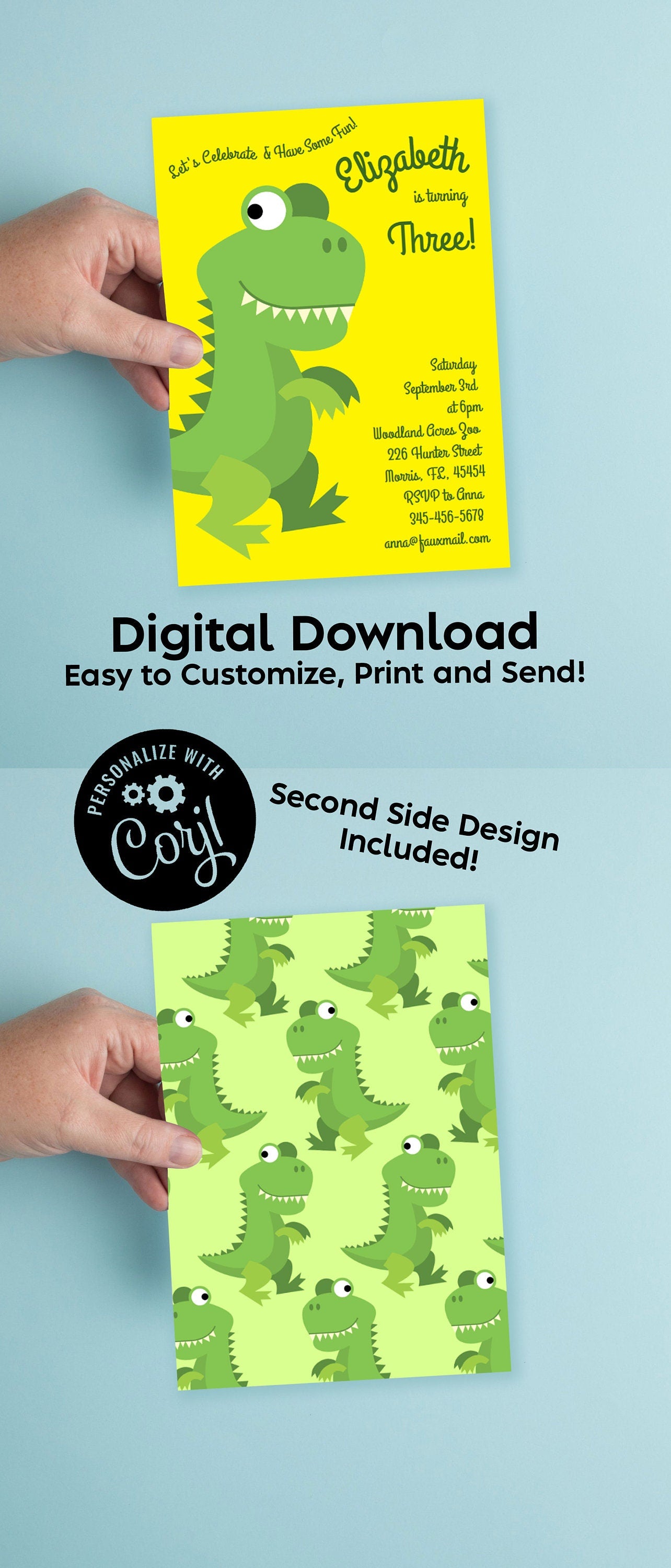 Dinosaur T-Rex Birthday Party Invitation Editable Digital Download Cute Kids Cartoon