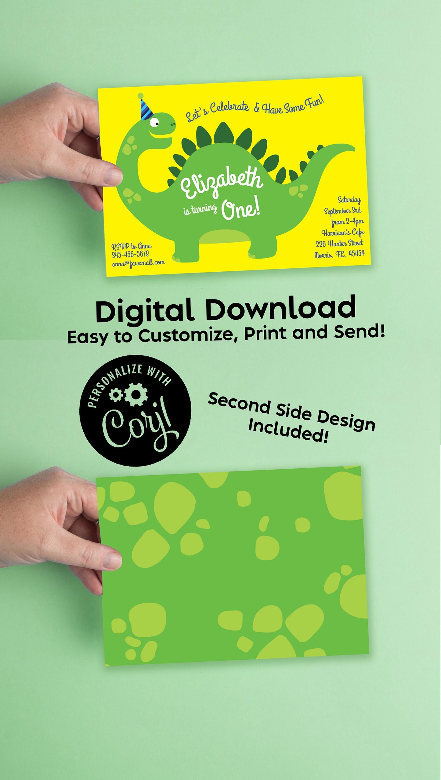 Dinosaur Birthday Party Invitation Editable Digital Download Cute Kids cartoon