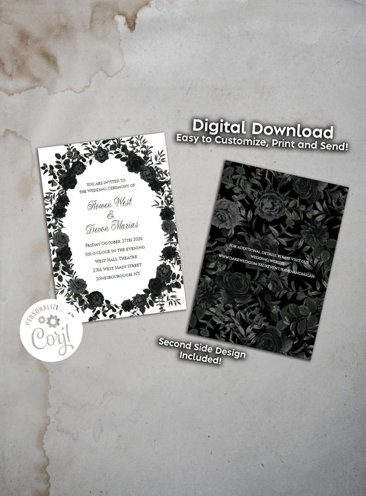 White Black Elegant Gothic Wedding Invitation Editable Digital Download Black Roses Party